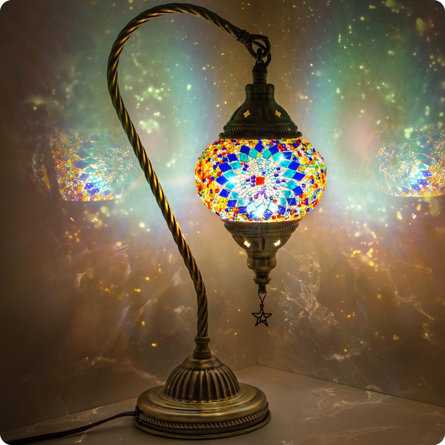 Yarra-Decor Turkish Moroccan Lamp, Handmade Tiffany Mosaic Glass, Blue1, 1-Pack, Bronze Base, LED Bulb Included
