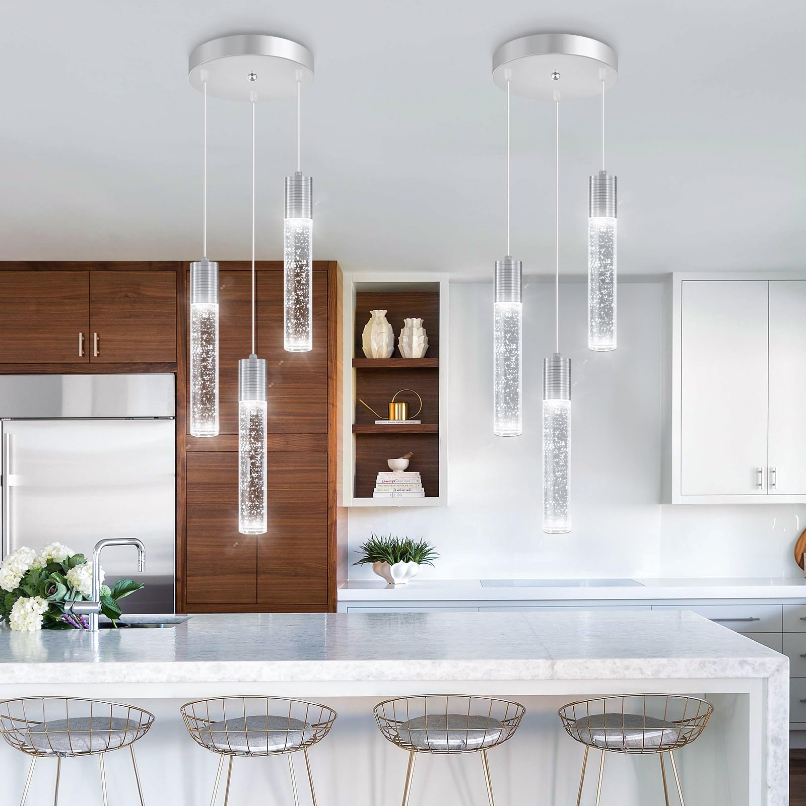 Dolria 3-Lights Pendants Light For Kitchen Island Chandeliers Dining Room Pendant Lighting Fixture Bubble Crystal Ceiling Hanging Lights Bedroom Island Kitchen 6000K White Light Fixtures Chrome