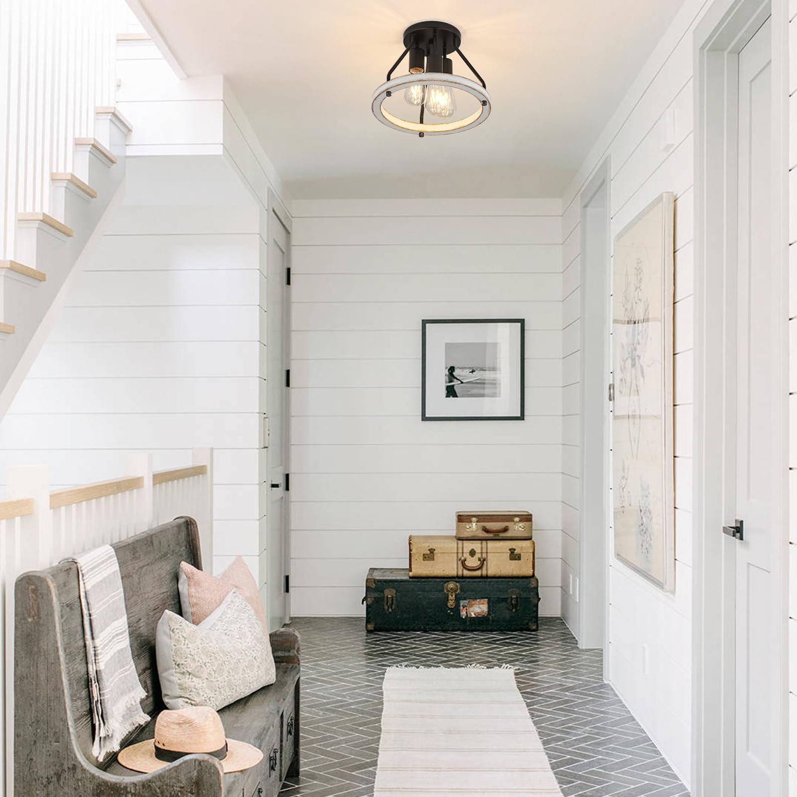 Rustic Flush Mount Ceiling Light Fixture With Oak White Wood Circle Shade Farmhouse Mini Semi Ceiling Lamps For Hallway Entryway