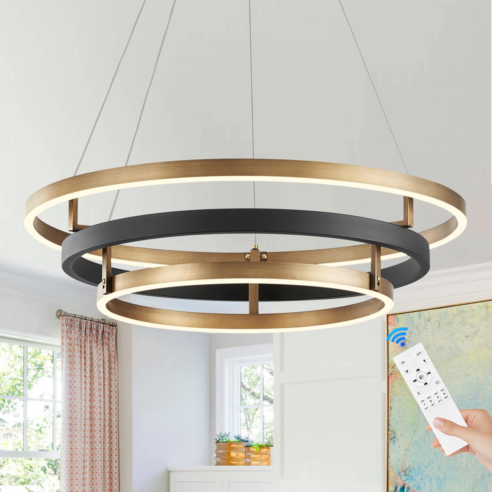 Benkut Modern LED Chandelier 3 Rings 23.6 in Black Gold Dimmable Pendant Light, Remote Control, High Ceiling for Dining Room, Kitchen