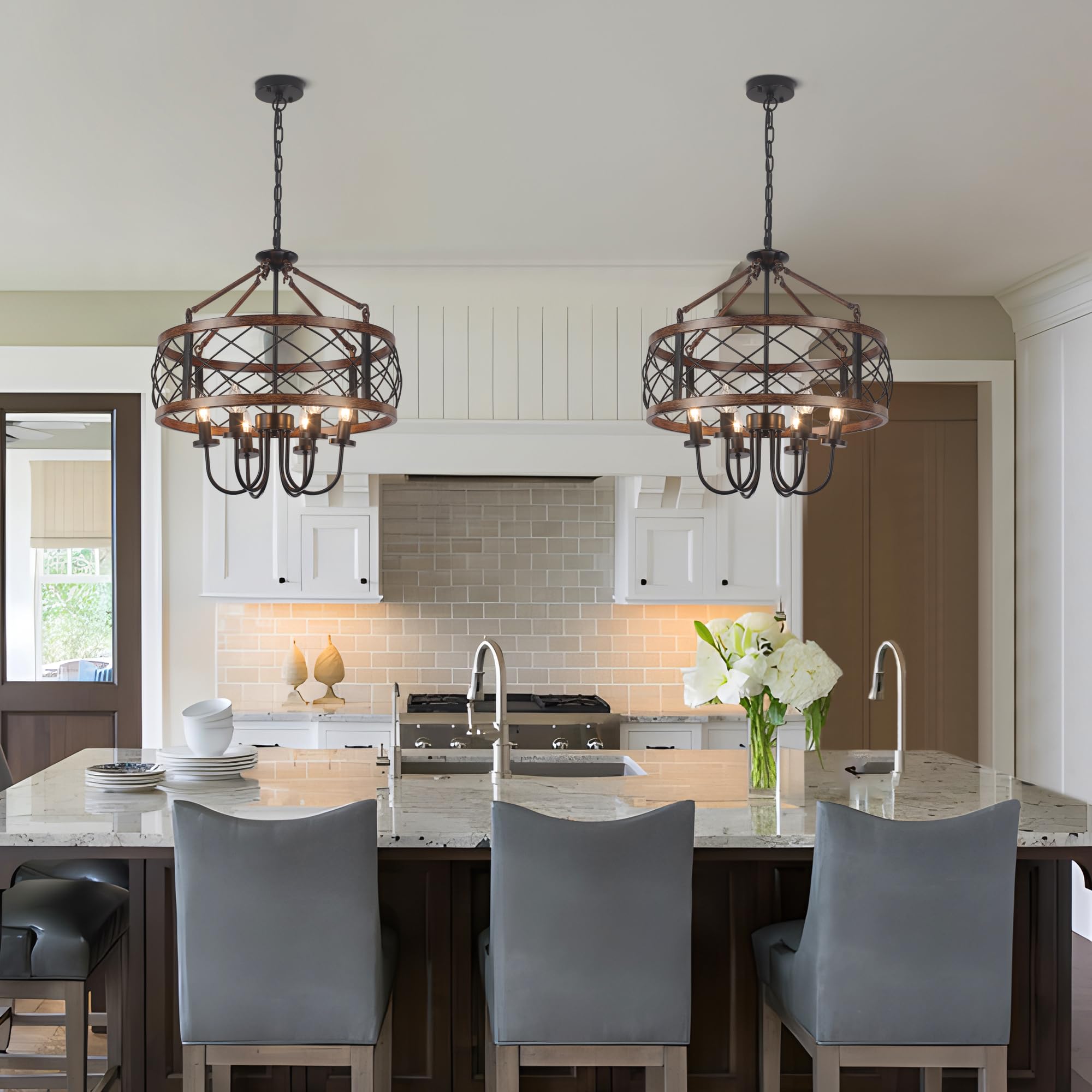 Farmhouse Chandeliers Dining Room Light Fixtures Rustic Industrial 6-Light Black Farmhouse Pendant Light For Kitchen Island Foye