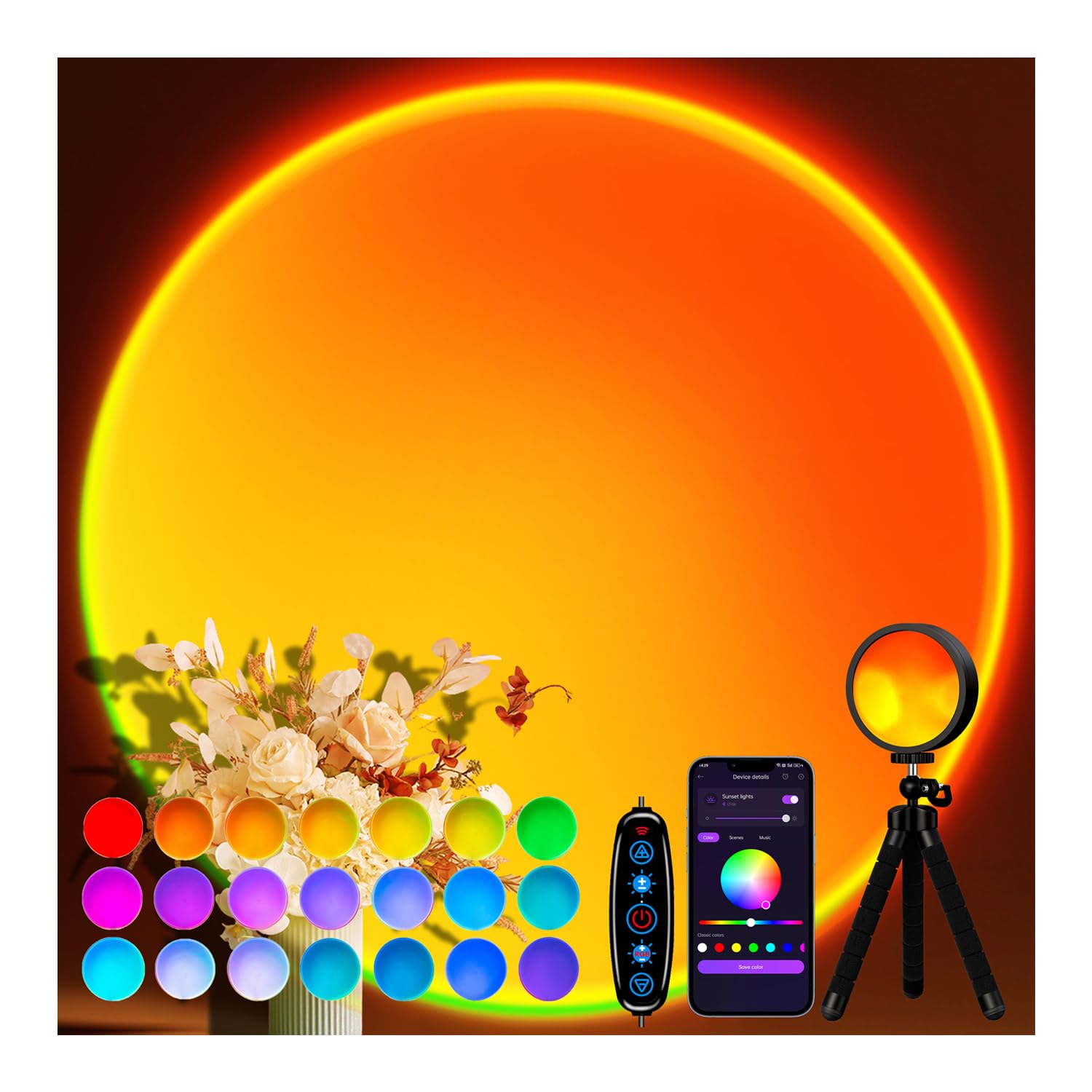 Tsrarey Sunset Lamp Projector T3, Remote Control, 360° Rotation, Multicolor-A, LED Light for Photography & Bedroom Decor