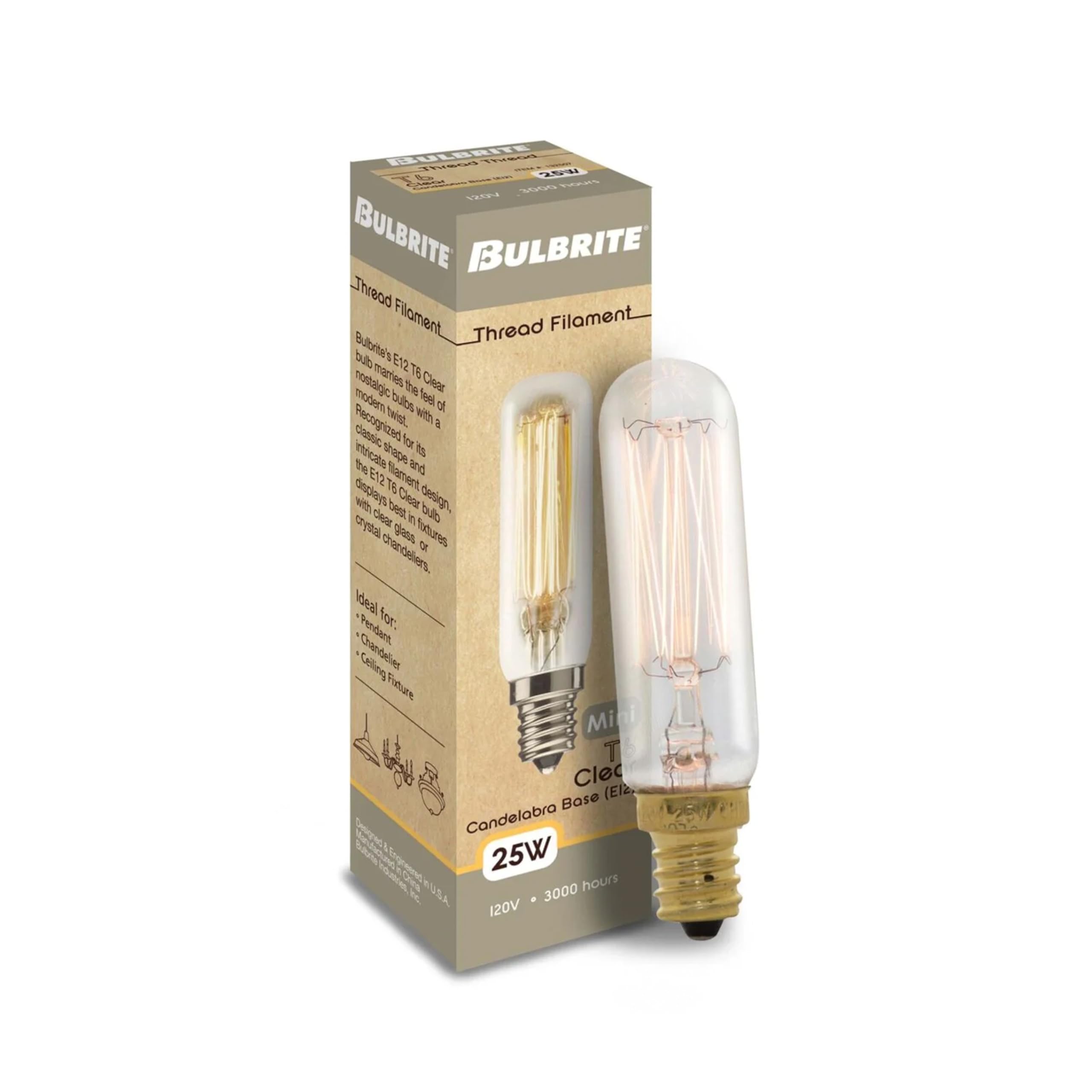 Bulbrite T6 Candelabra Bulb, 25 Watt, 120 Volt, Clear Glass, Model 132507, 4 Pack
