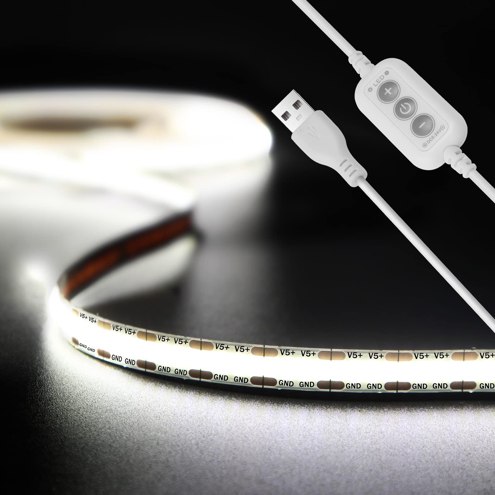 Qige Usb Cob Led Strip Lights, 4.92Ft, 480 Leds, Dimmable, 5000K Daylight White, Flexible Under Cabinet Tape Light For Home Diy