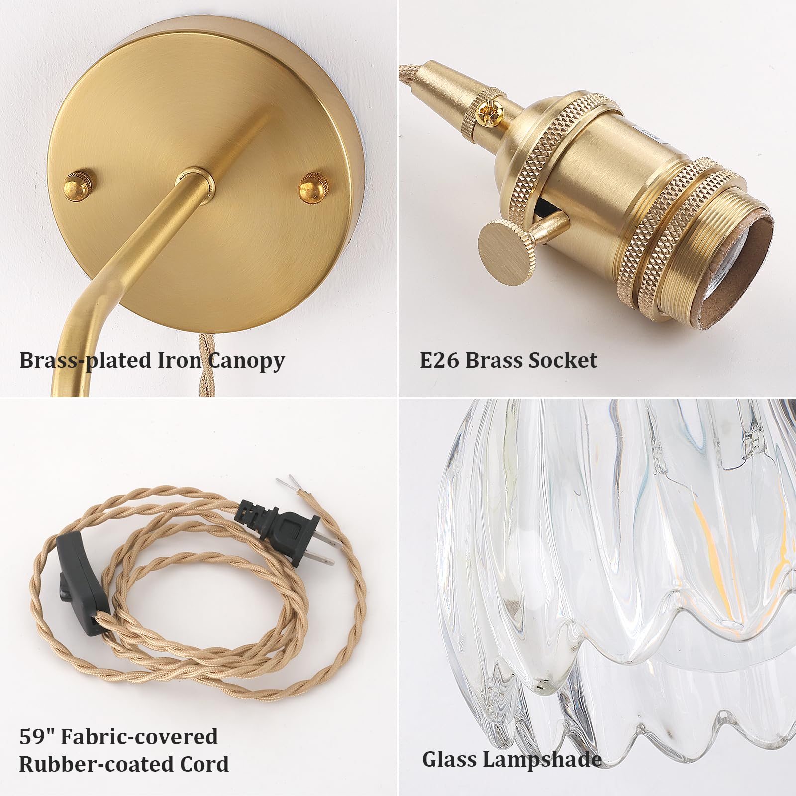 Shenmoyl Vintage Wall Sconce Lamp, Clear Tulip Glass Shade, Plug-in (1 Pack), Brass, Model 1-9390