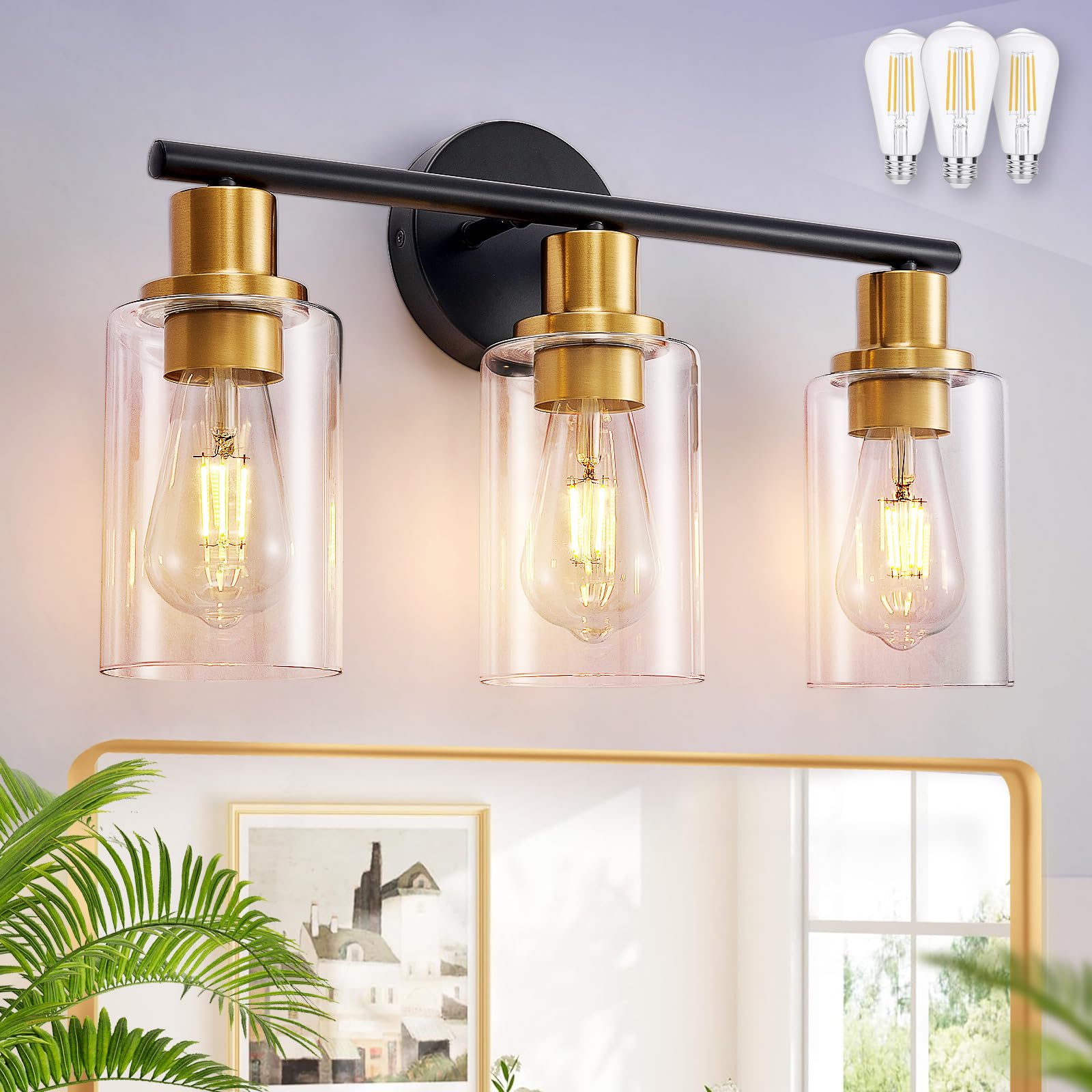 DINGLILIGHTING 3-Light Bathroom Vanity Light Fixtures Black & Gold Metal WS-FNW2-60B-3-BG with Clear Glass Shades