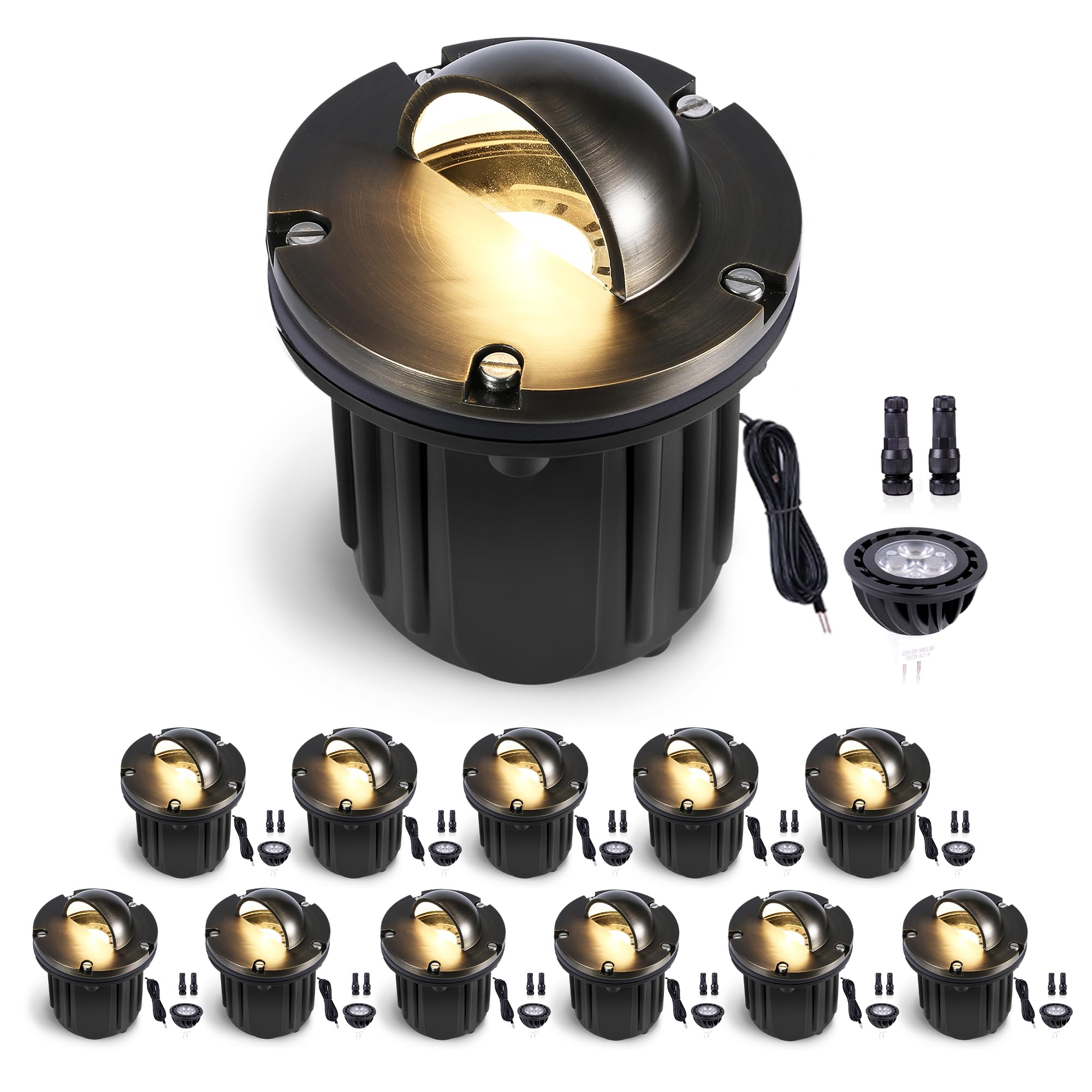 Gardenreet Landscape Well Light - Brass LED 12V Fixture, 12-Pack, 5000K Daylight White, Antique Bronze, Model IGWL-2203A-5000K