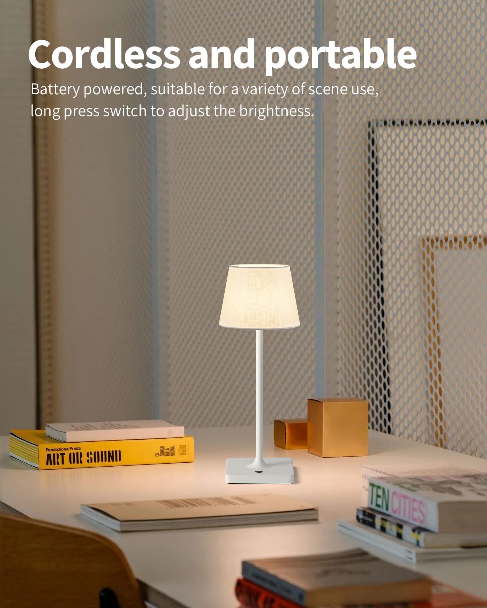 NEWSEE Cordless Portable Touch Table Lamp Set of 2, 4000mAh Rechargeable Battery Powered Dimmable LED Desk Lamps Fabric Lampshde