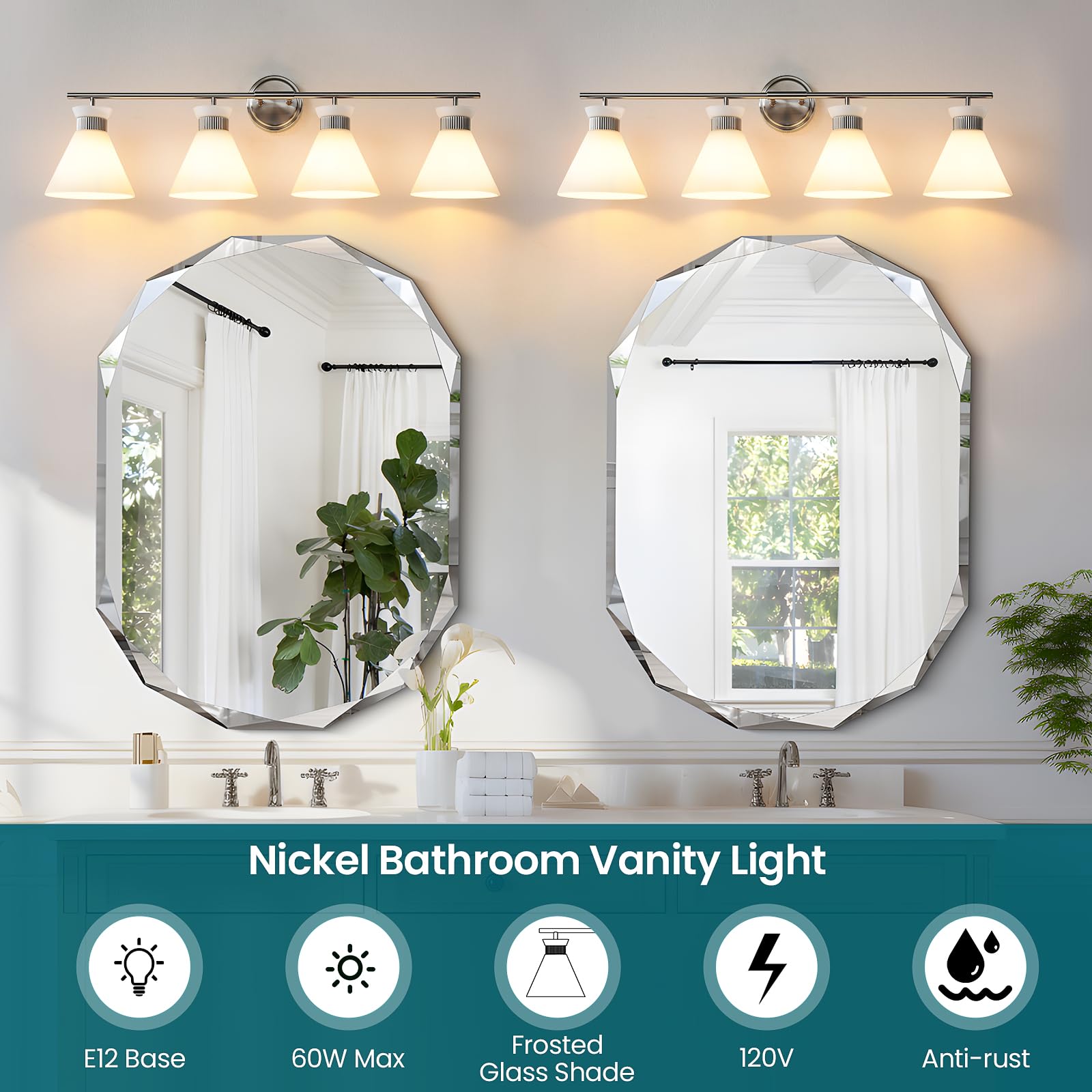 Woshitu Bathroom Light Fixtures: Brushed Nickel 4 Lights Bathroom Vanity Lights Over Mirror With Milky White Frosted Glass Shade  36 Inch Farmhouse Vanity Lighting Sconce (Exclude E26 Bulb)