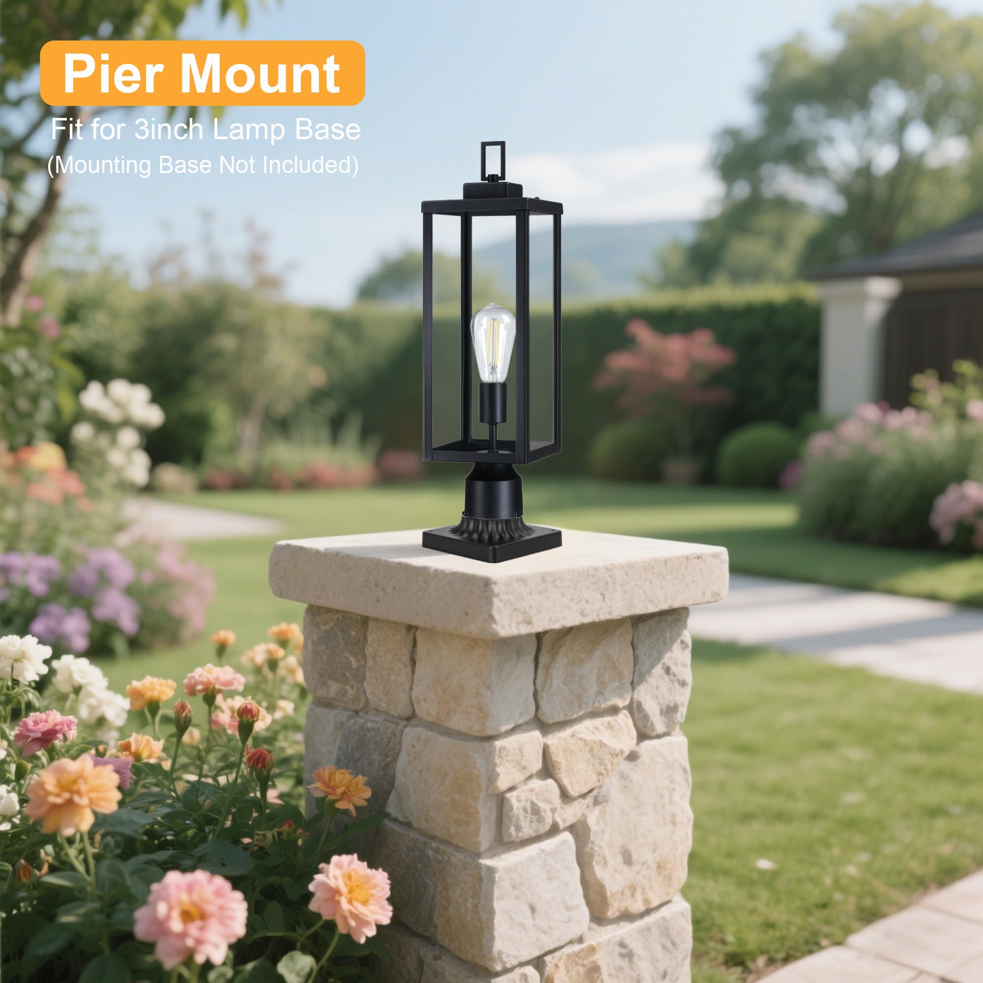 GRUENLICH Outdoor Lamp Post Light Fixture, Tempered Glass, Large 20.5 Inch, Black, Model GR-PL003-BK-1PK