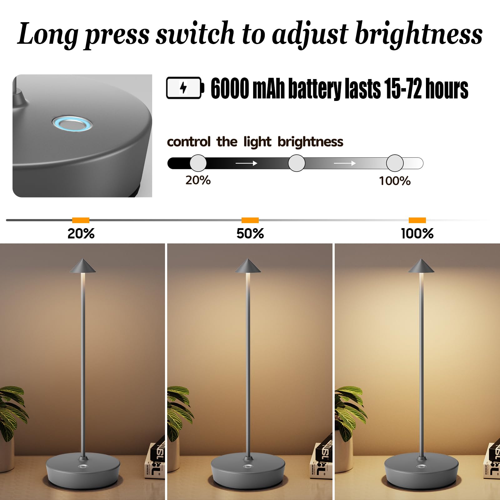 YIBEN Rechargeable Cordless Table Lamp, 6000mAh Battery, 3 Brightness Levels, 2-Pack, Gray, Model X12