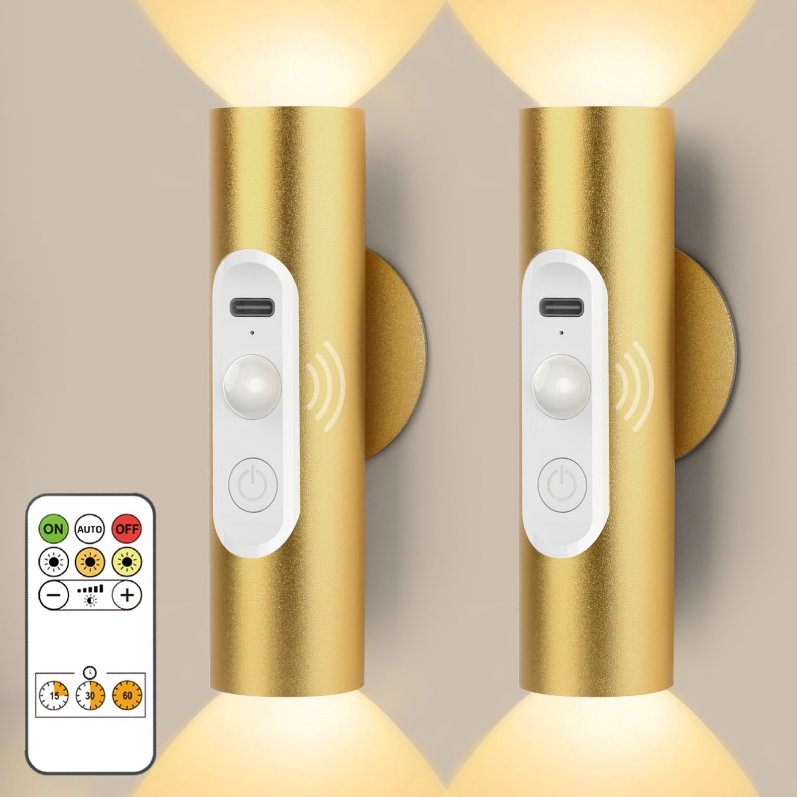 Battery Operated Wall Sconce Set of 2, Magnetic Stick on Wall Lights Motion Sensor Night Lights Indoor with Remote Control, Rech
