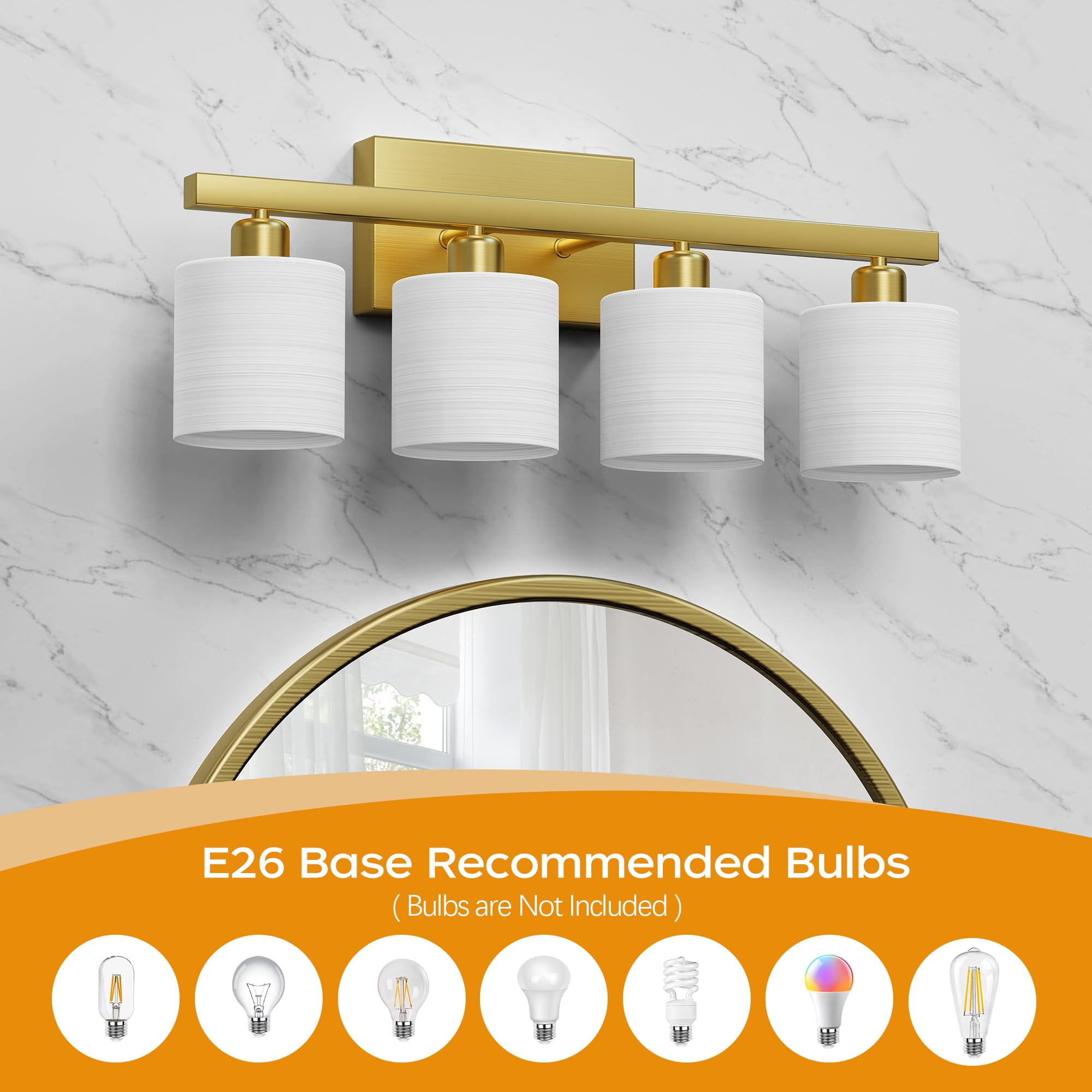 PARTPHONER Bathroom Light Fixtures, 4-Light Vanity Light, Brushed Gold, Textured White Glass Shade, Model PAWL201AJ1