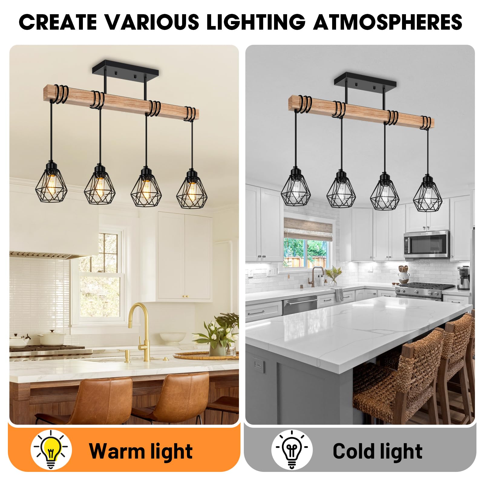 Feanron 4-Lights Farmhouse Wood Kitchen Island Lighting  23.6 Dining Room Light Fixtures Chandelier Over Table  Rustic Black Cage Pendant Lights Ceiling Hanging For Pool Table  Living Room  Hallway