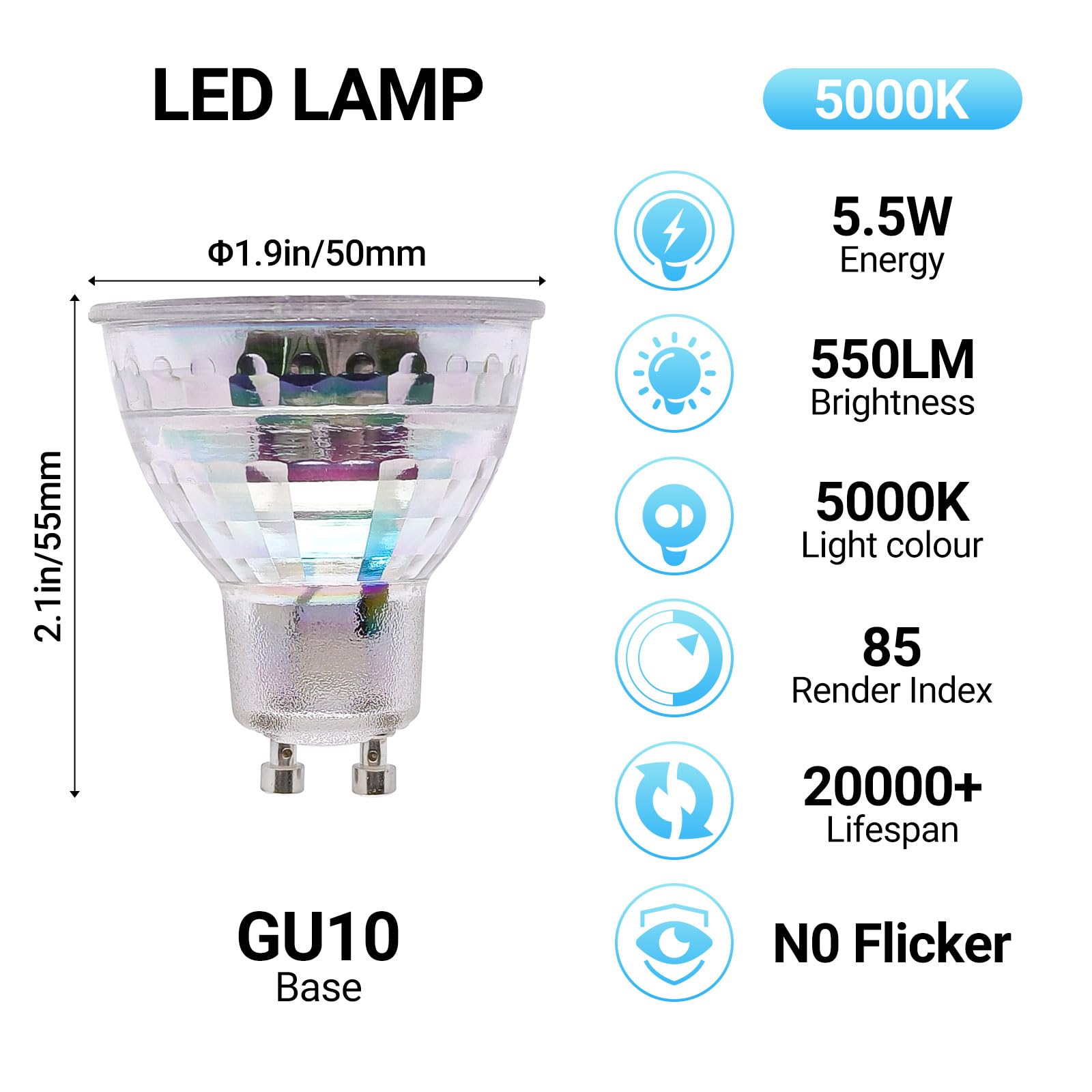 Listocasa Gu10 Led Light Bulbs,5.5W(55W Halogen Equivalent), Dimmable Spotlight Gu10 Led Bulbs, Full Glass Cover Recessed Track