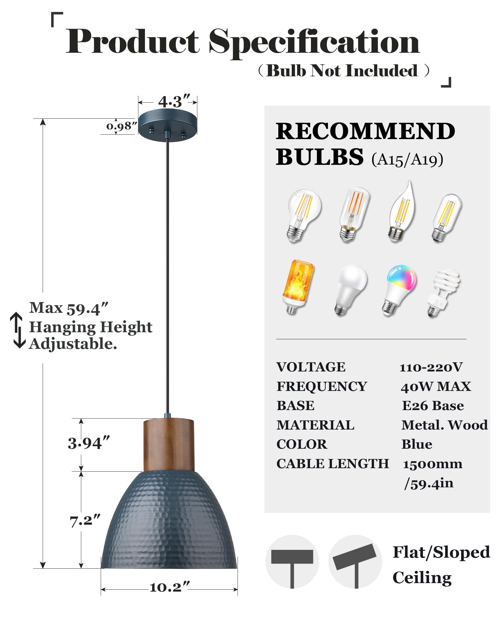 Elyona Modern Pendant Light - 10.2” Adjustable Dark Blue Hammered Metal Bar Lamp For Kitchen & Dining