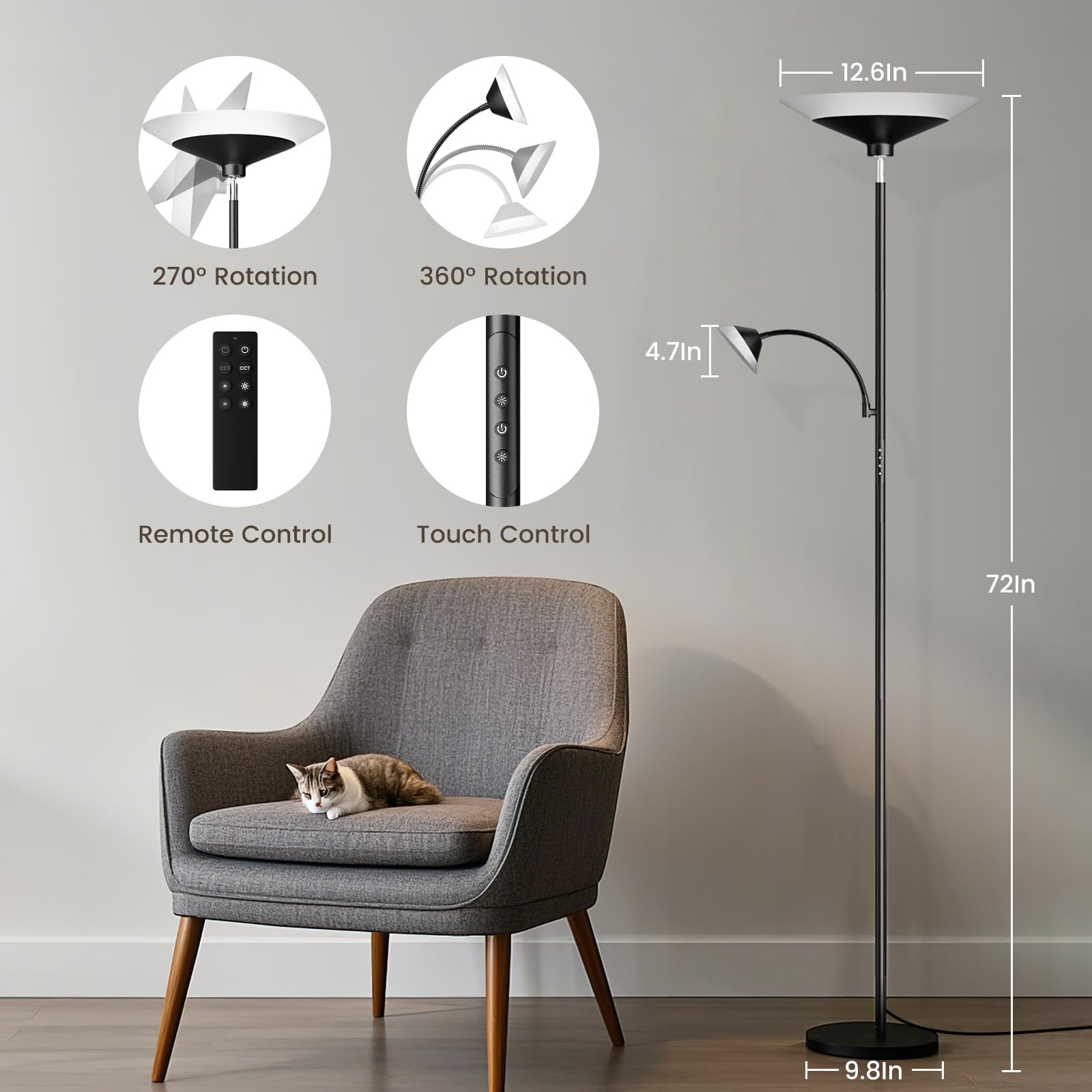 Sibrille Upgraded 2-In-1 Torchiere Floor Lamp, Dimmable Standing Lamp With Remote&Touch Control, 34W Brightness Adjustable Floor