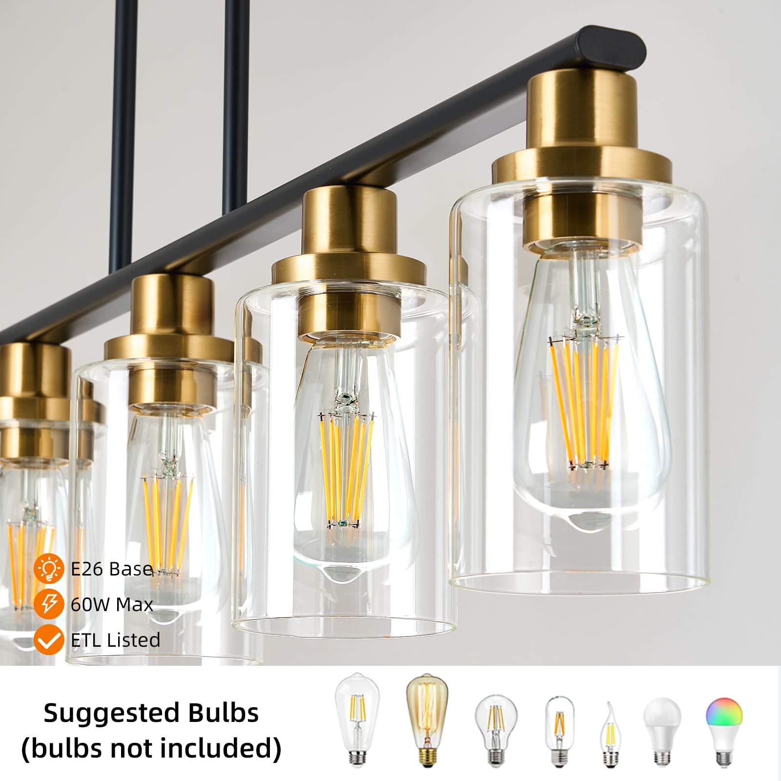 Kpiok Dining Room Light Fixture,5-Light Farmhouse Linear Chandeliers For Dining Room Over Table,Matte Black And Gold Finish Kitchen Island Pendant Lighting For Kitchen Island,Pool Table Light