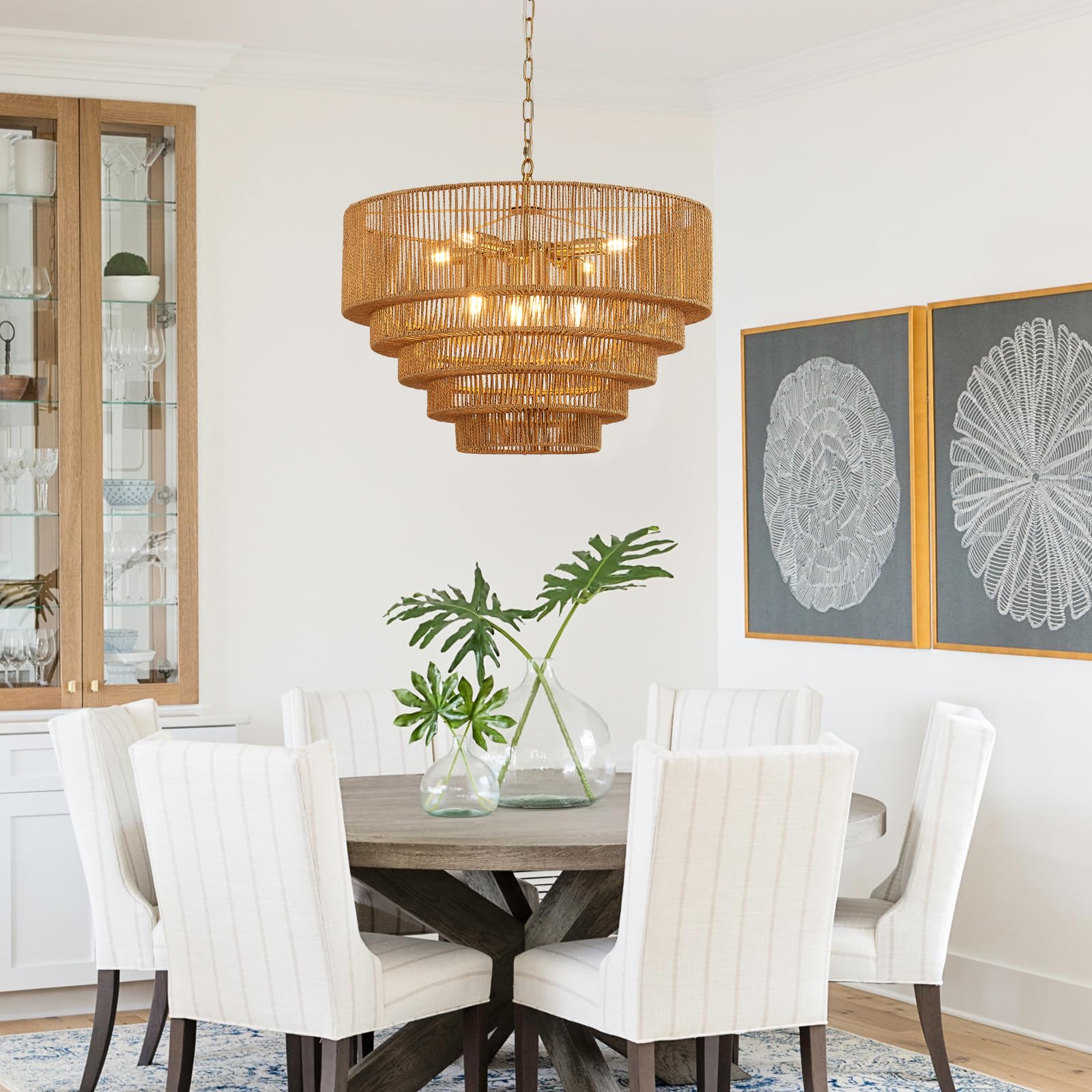 YOMECOO Rattan Chandelier 25.6" Vintage 8-Lights Farmhouse Light Fixture, Gold, Model MD208-8-Golden for Dining Room, Kitchen, Bedroom