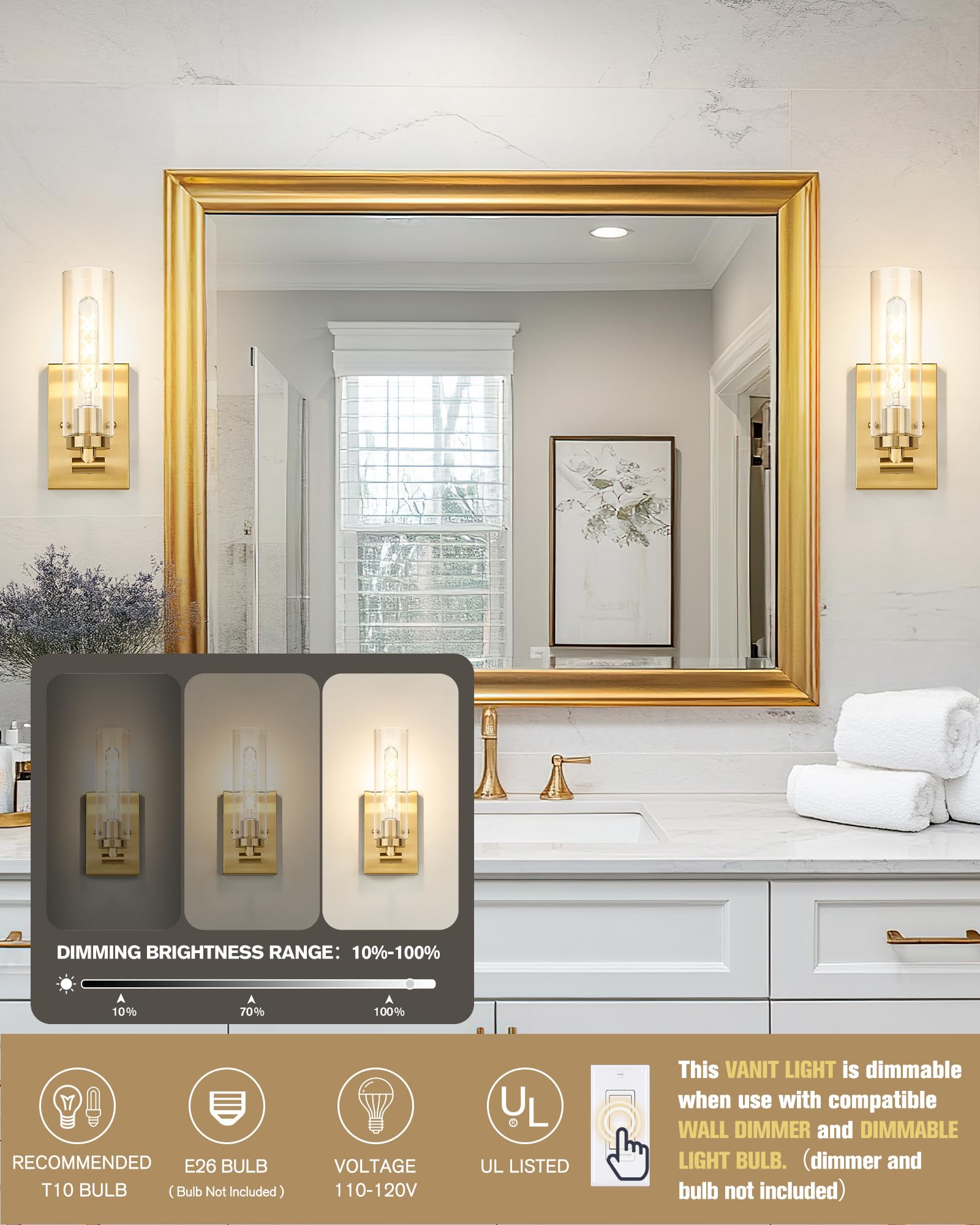 Emak Wall Sconces Set Of Two  Modern Brushed Gold Sconce With Clear Glass Shade  Bathroom Lighting Fixtures For Mirror  Living Room  Bedroom  Gallery  Ws086-Bgd-Cg-2Pk