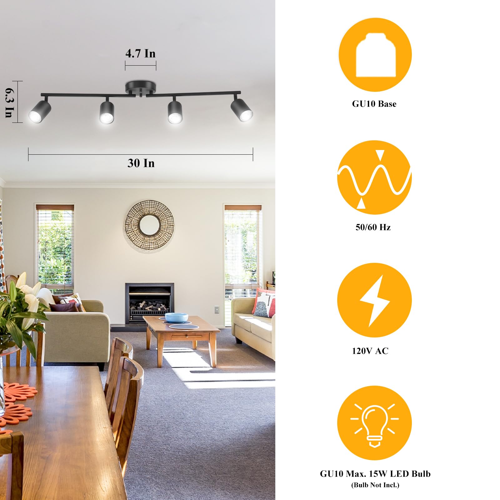 Boostarea Led 4 Light Track Lighting Kit, Black 4 Way Ceiling Spot Lighting, Flexibly Rotatable Light Head For Kitchen, Living R