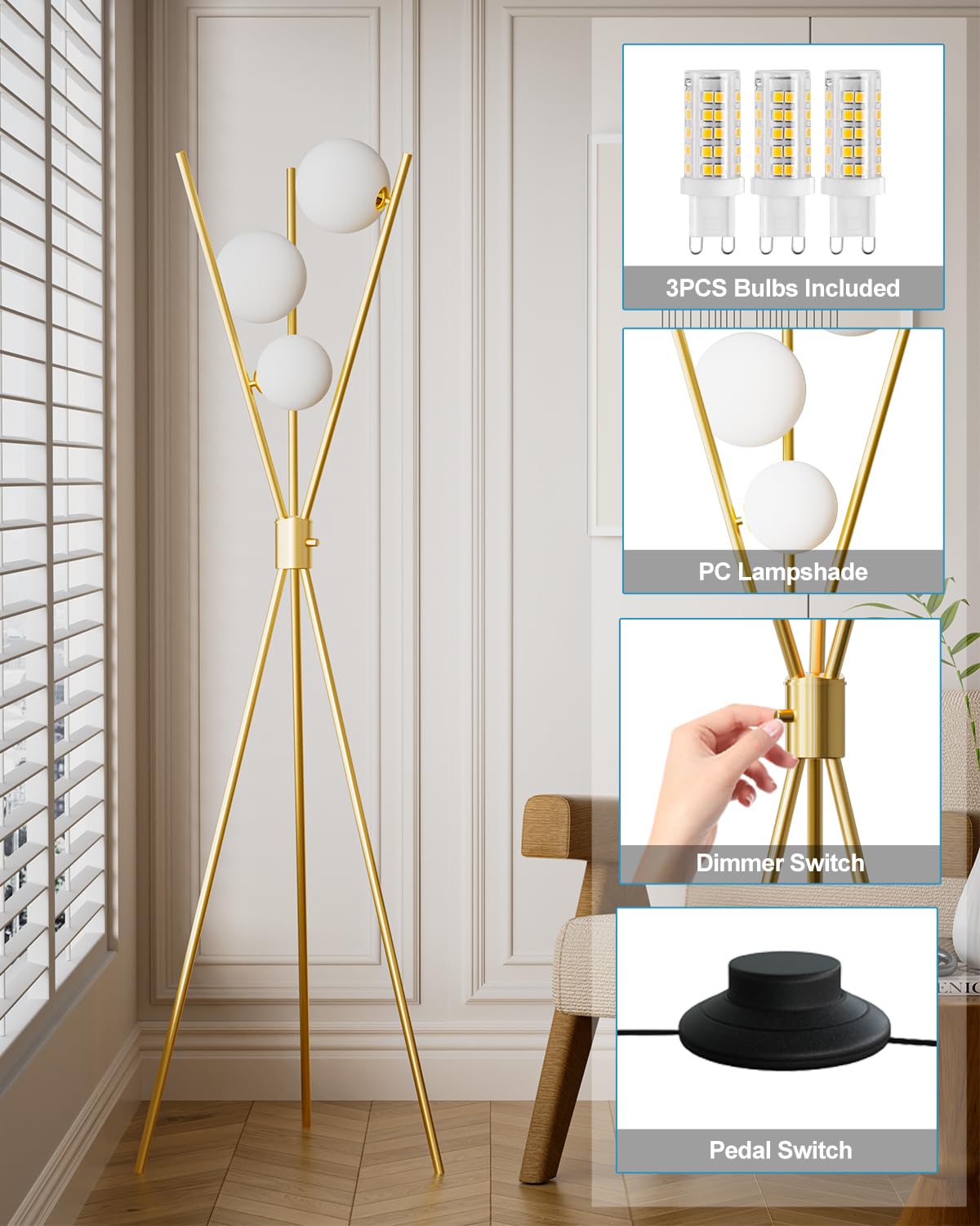 Lightdot Modern Floor Lamp - Stepless Dimmable, 3 Globe, Gold, Metal, Model LFLL, Mid Century Design for Living Room/Bedroom
