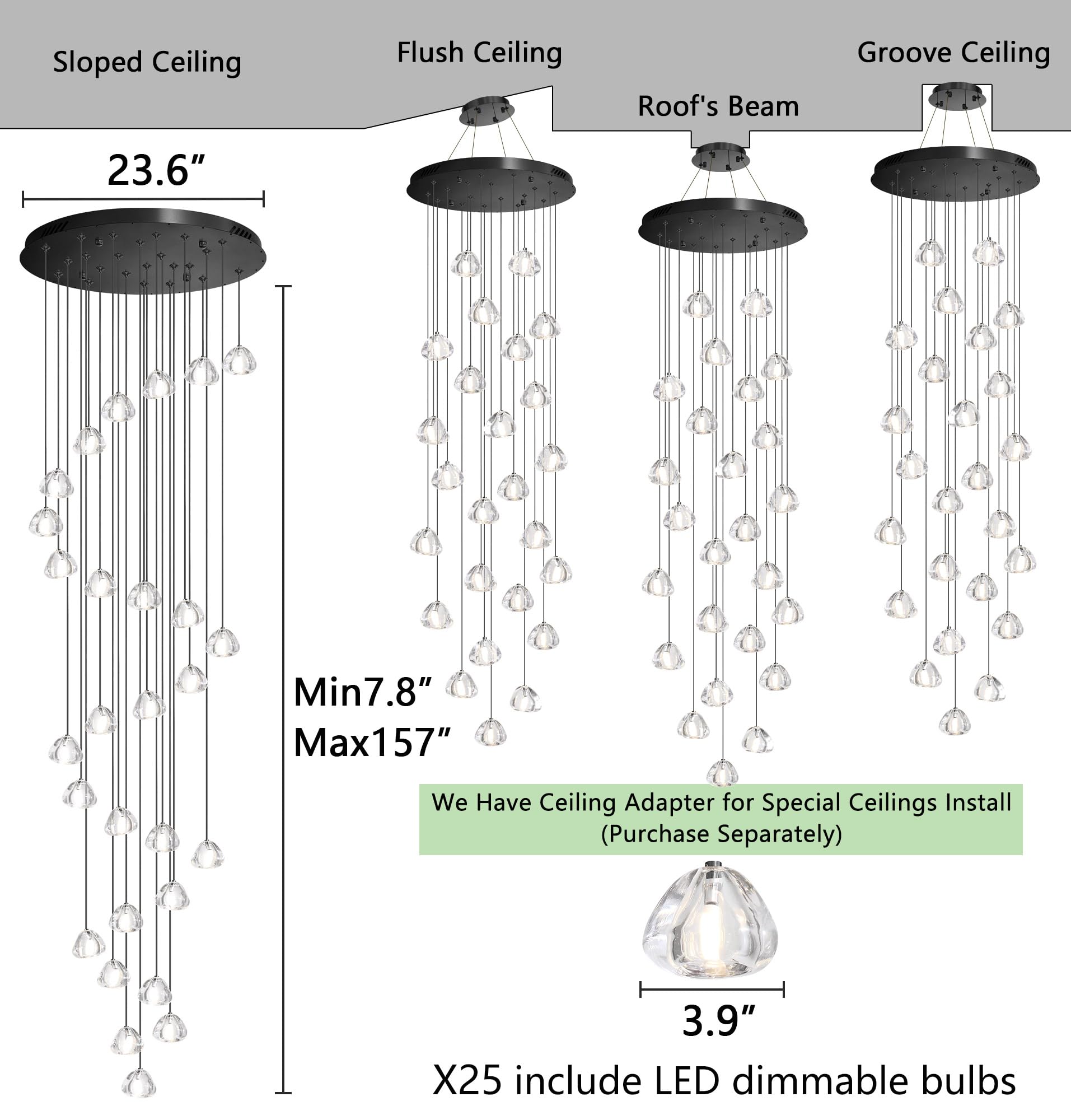 HAIXIANG 157" Black Chandelier - 25 Lights Adjustable Dimmable Bubble Crystal Balls Pendant Light Fixtures MMQ9025