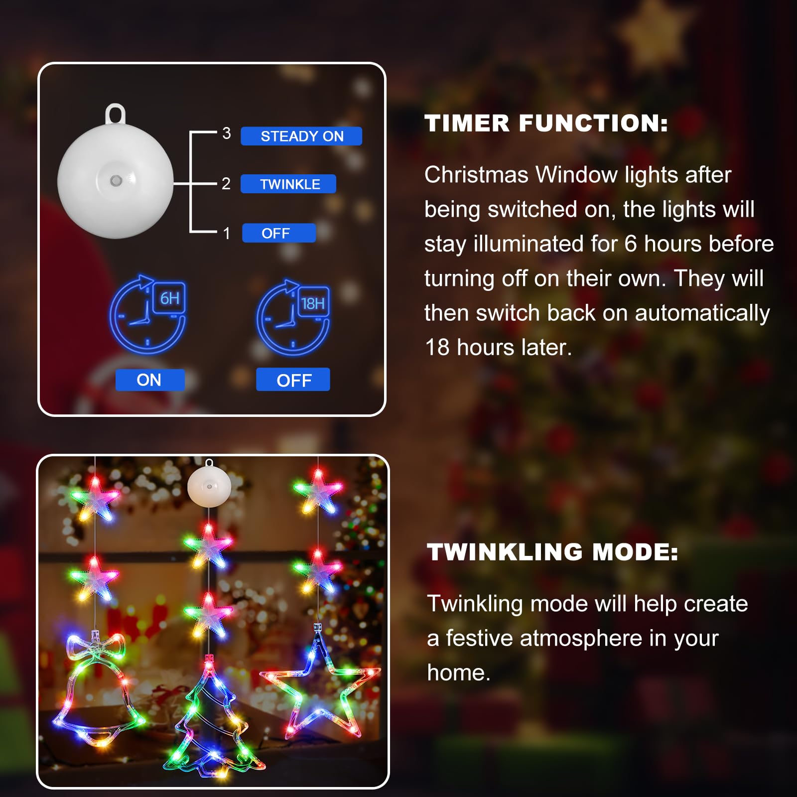 Lyubasa [Timer 3Pcs Christmas Window Lights Decorations, Battery Powered Christmas Window Hanging Multicolor Lighted Tree Bell Star Shaped Led Sucker For Xmas Tree Window Fireplace Indoor Decor