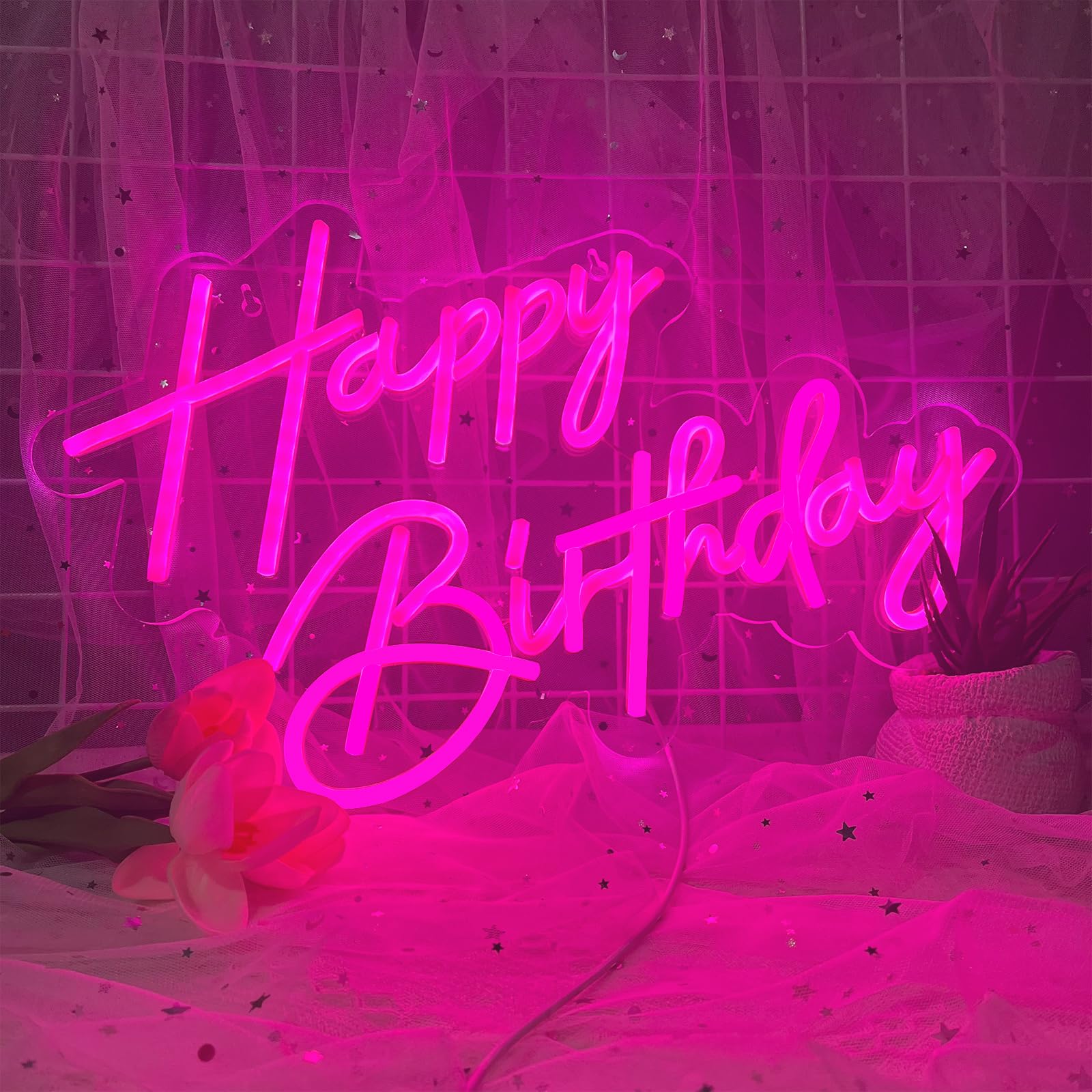 BerniceKelly Happy Birthday Neon Sign, Pink LED Light, 17x12 Inch, Model AW-12