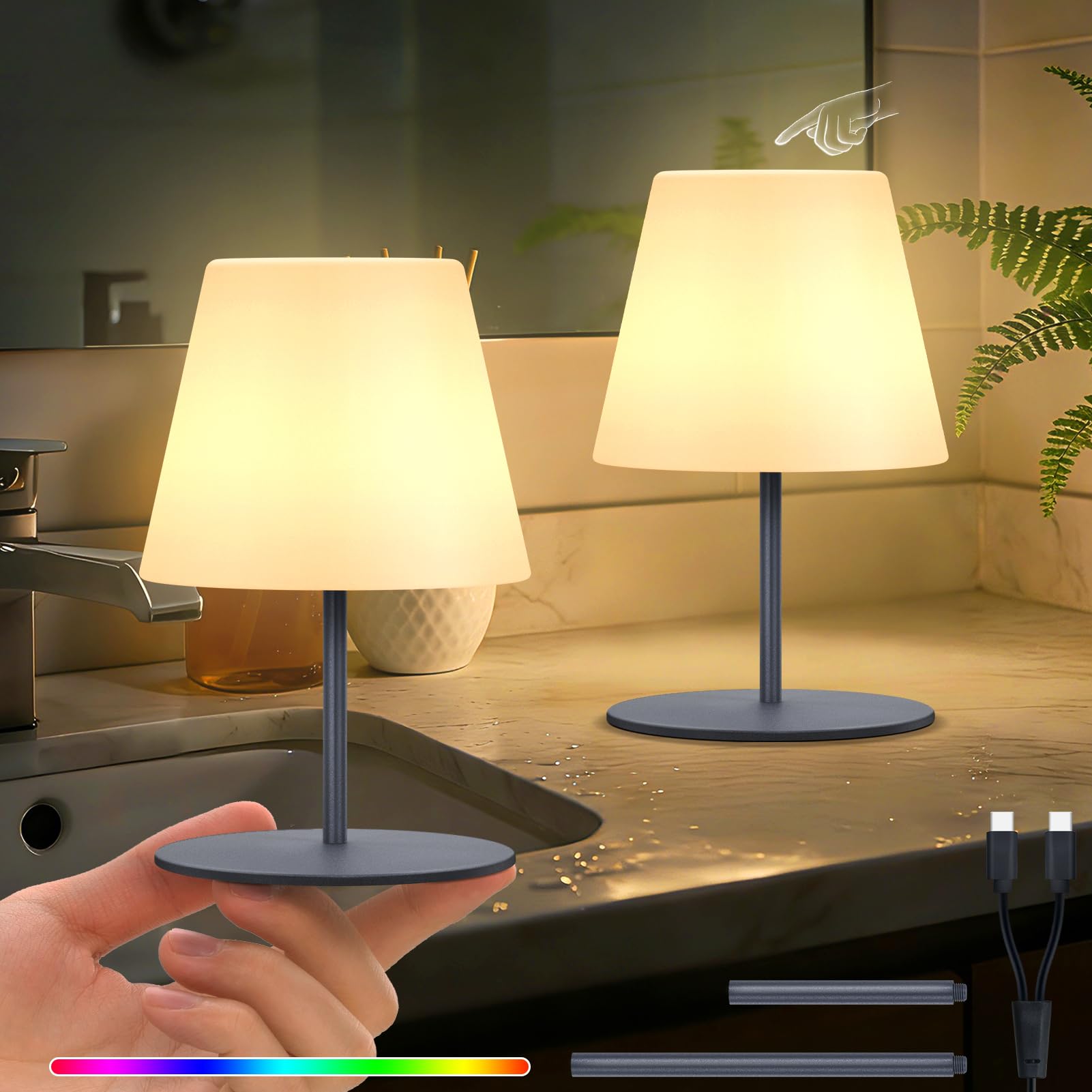 uuffoo 2 Pcs Mini Shower Lamp Rechargeable Table Lamp, Cordless Desk Lamps Bathroom Lamp Touch Warm White and RGB IP44 USB-C Cab