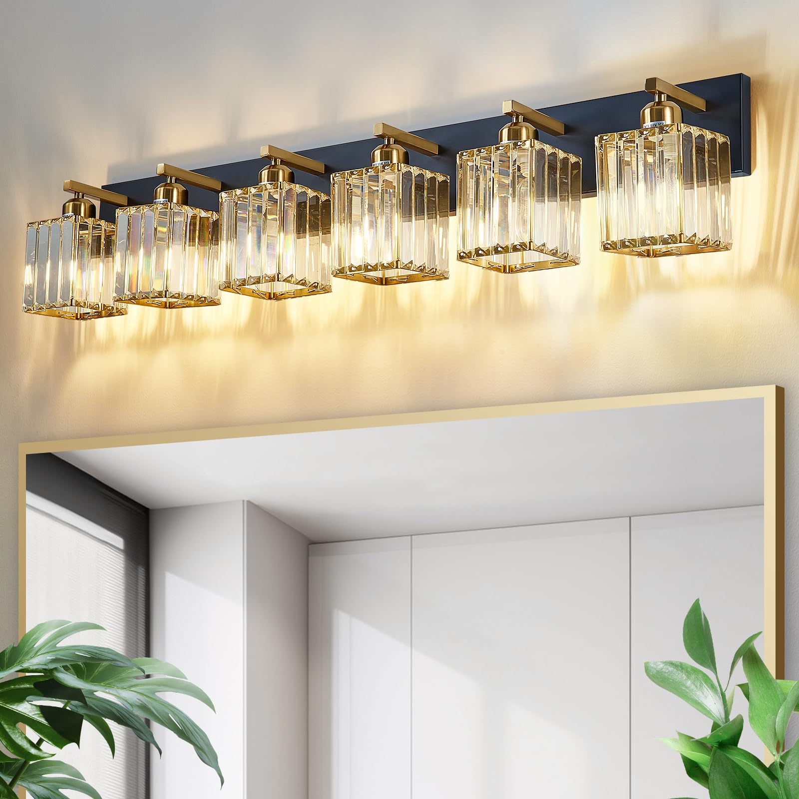 Aixialin 6-Light Modern Crystal Bathroom Vanity Light, Black Gold Iron, Model 600-100-1018