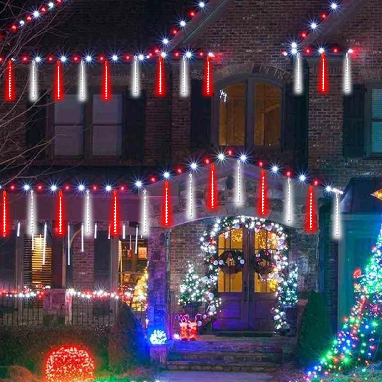 EXF Solar Meteor Shower Lights, 384LED Icicle String Light, 1 Pack Solar Powered, Waterproof, Red and White, Model MSL-01