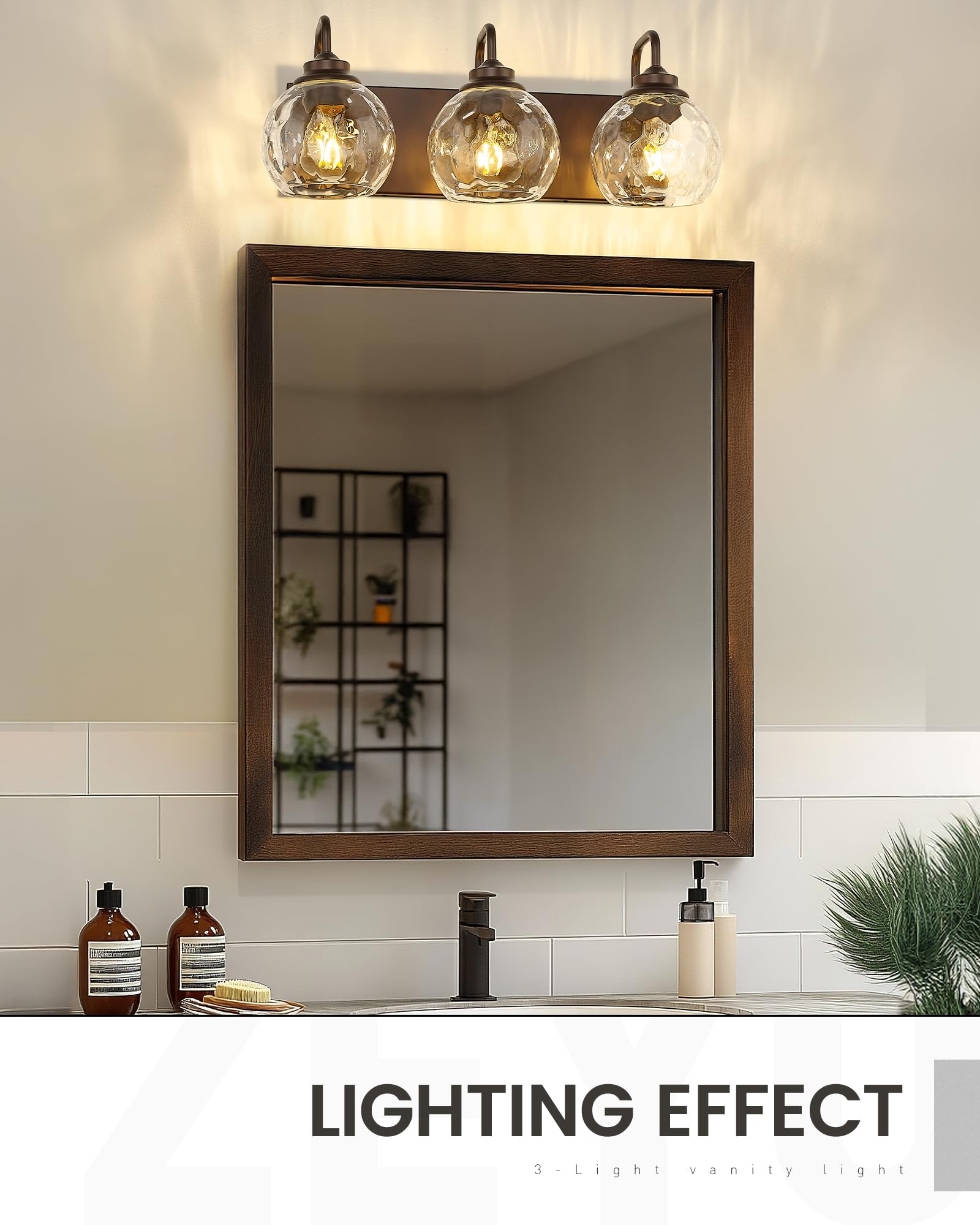 zeyu 3-Light Bathroom Vanity Light Fixtures, Oil Rubbed Bronze, Water Ripple Globe Shade, Model ZSL72BG-3W ORB-WG