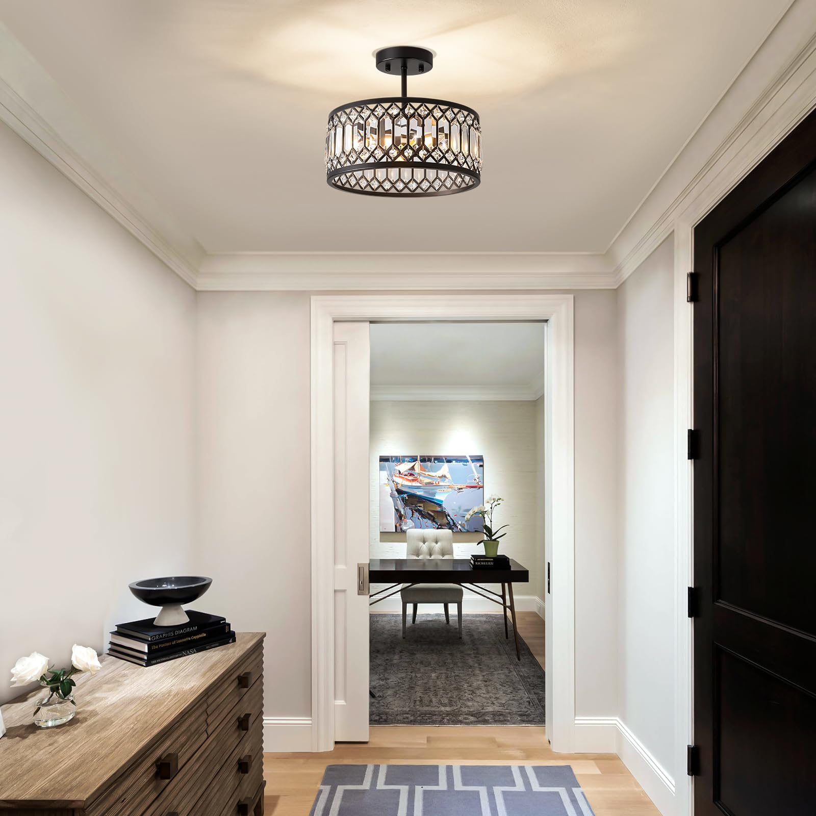 Pevfah Black Crystal Semi Flush Mount Ceiling Light, 3-Light, 12.2 Inch Chandelier for Kitchen, Entryway, Bedroom, Dining Room