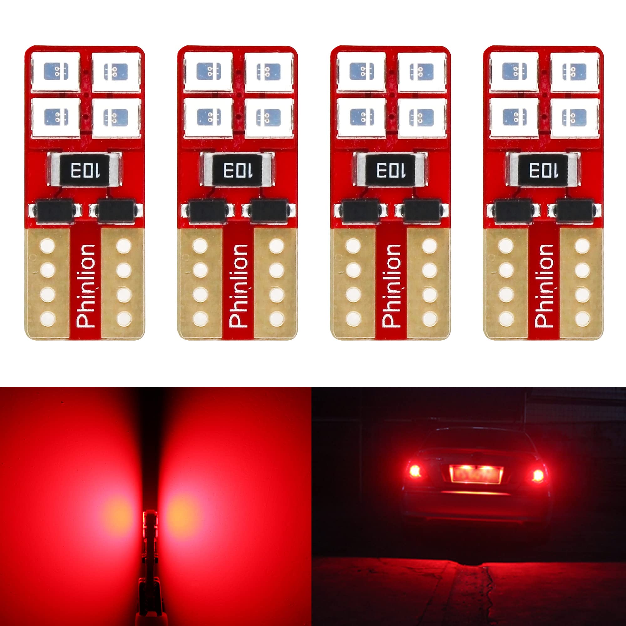 PHINLION Miniature T10 168 194 Red LED Bulbs 8-SMD Wedge Lights Pack of 4