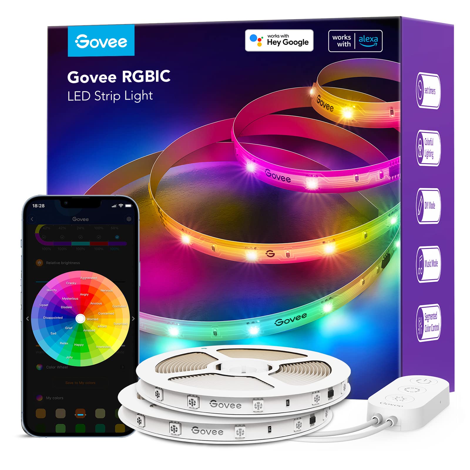 Govee Smart RGBIC LED Strip Lights 65.6ft, Alexa LED Light Strip Work with Google Assistant, Music Sync, DIY Multiple Colors on One Line, WiFi Color Changing Lights for Bedroom, Living Room, Christmas