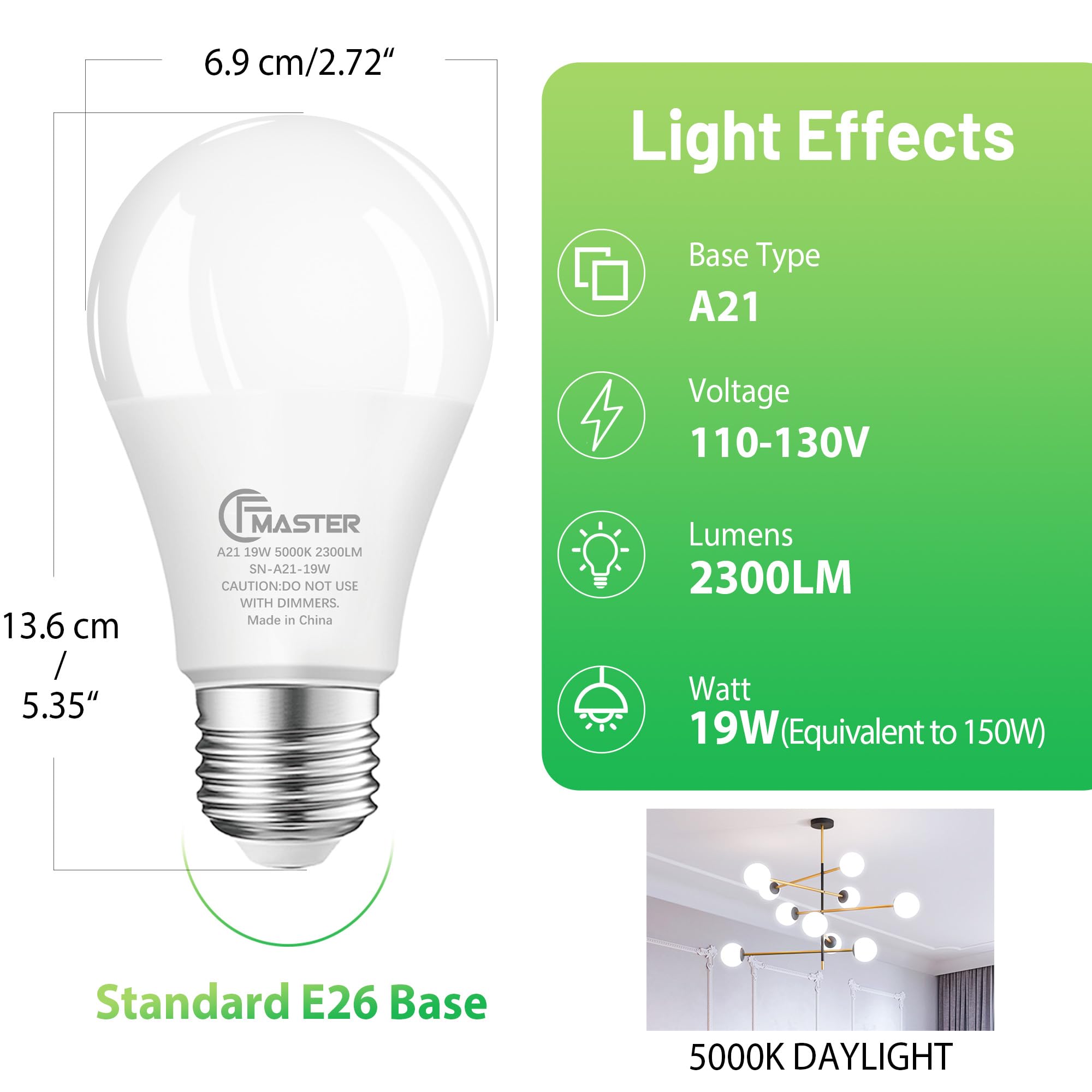 Cfmaster A21 Led Light Bulb, 150W Equivalent Light Bulbs, 19W 5000K Daylight Led Bulbs, 2300 Lumens Cri 85+, Non-Dimmable Light