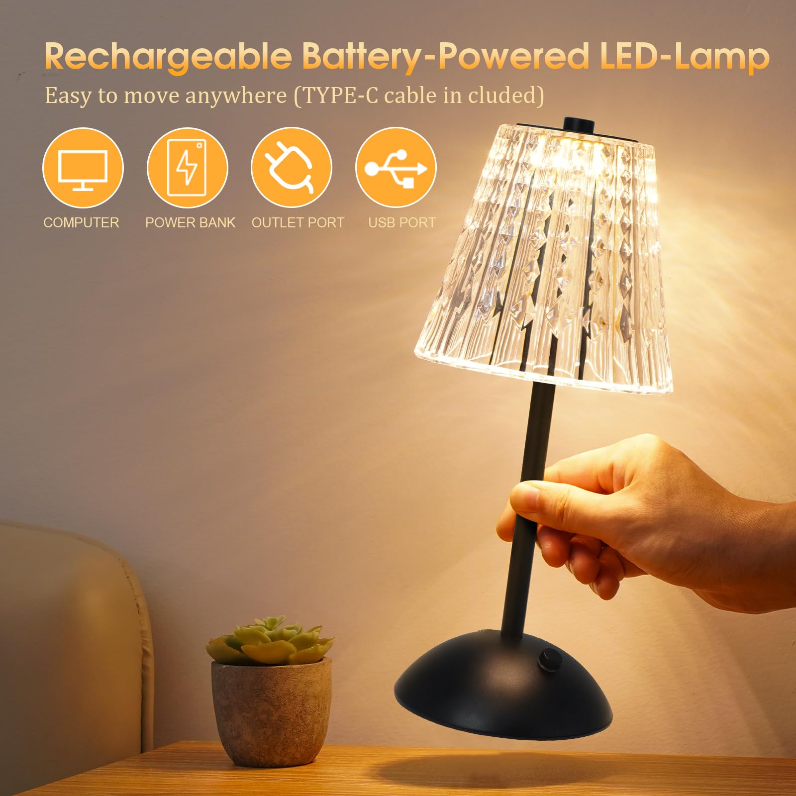 Nusogon Cordless Touch Table Lamp, 3500Mah Rechargeable Small Dask Lamp, 3 Colors Dimmable Battery Operated Crysta Lamp For Bedr