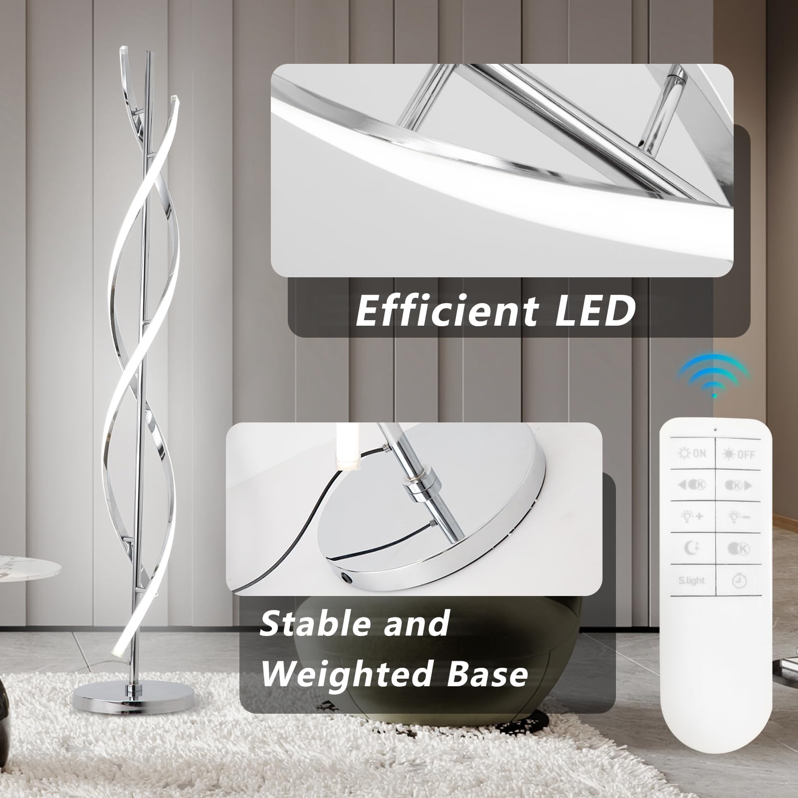 ADISUN 40W LED Floor Lamp with Remote Control, Dimmable, Spiral Design, Indoor Use, Silver
