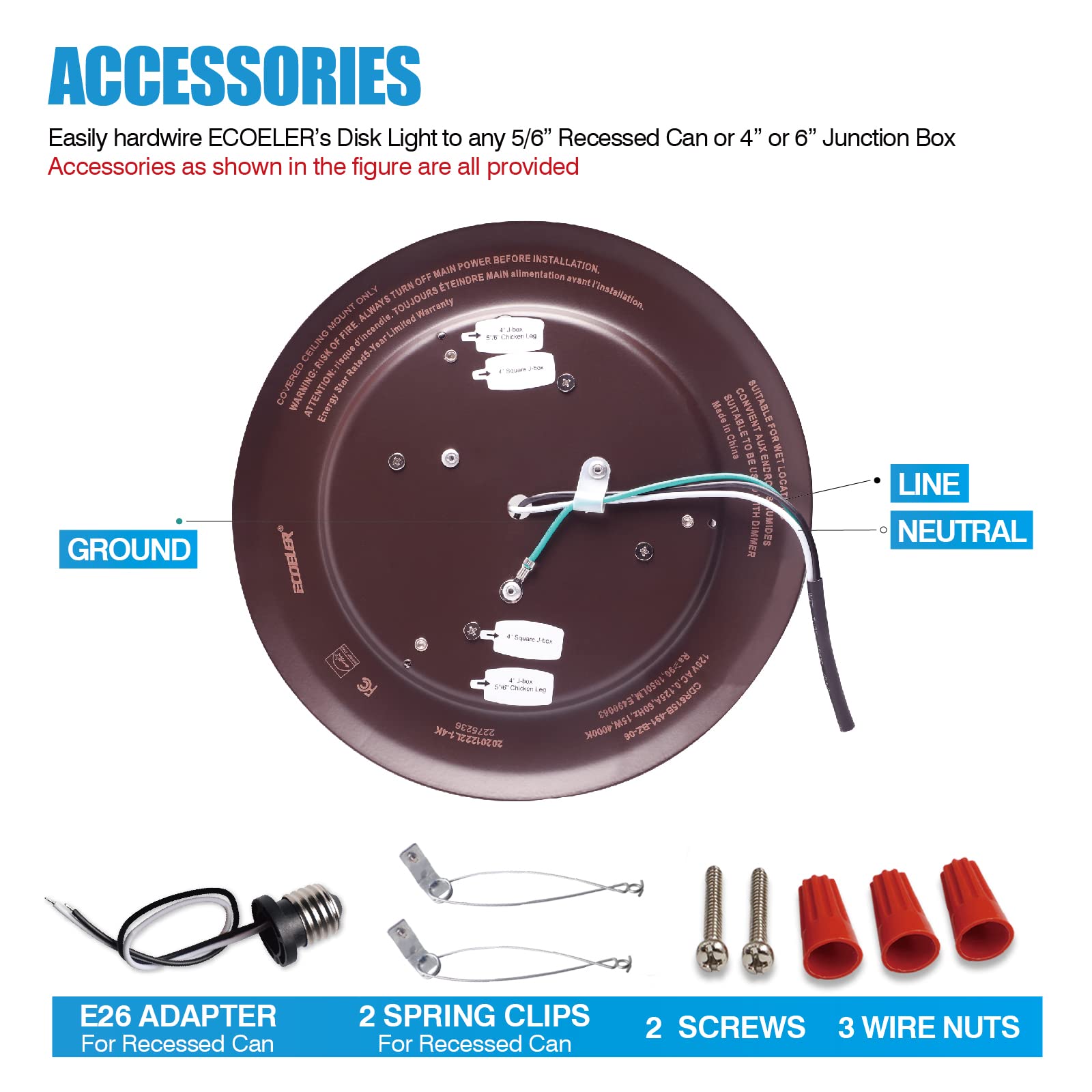 Ecoeler 6 Dimmable Led Disk Light Fixture, 16.5W, 1000Lm, 5000K Daylight, Bronze Aluminum, Flush Mount, 4
