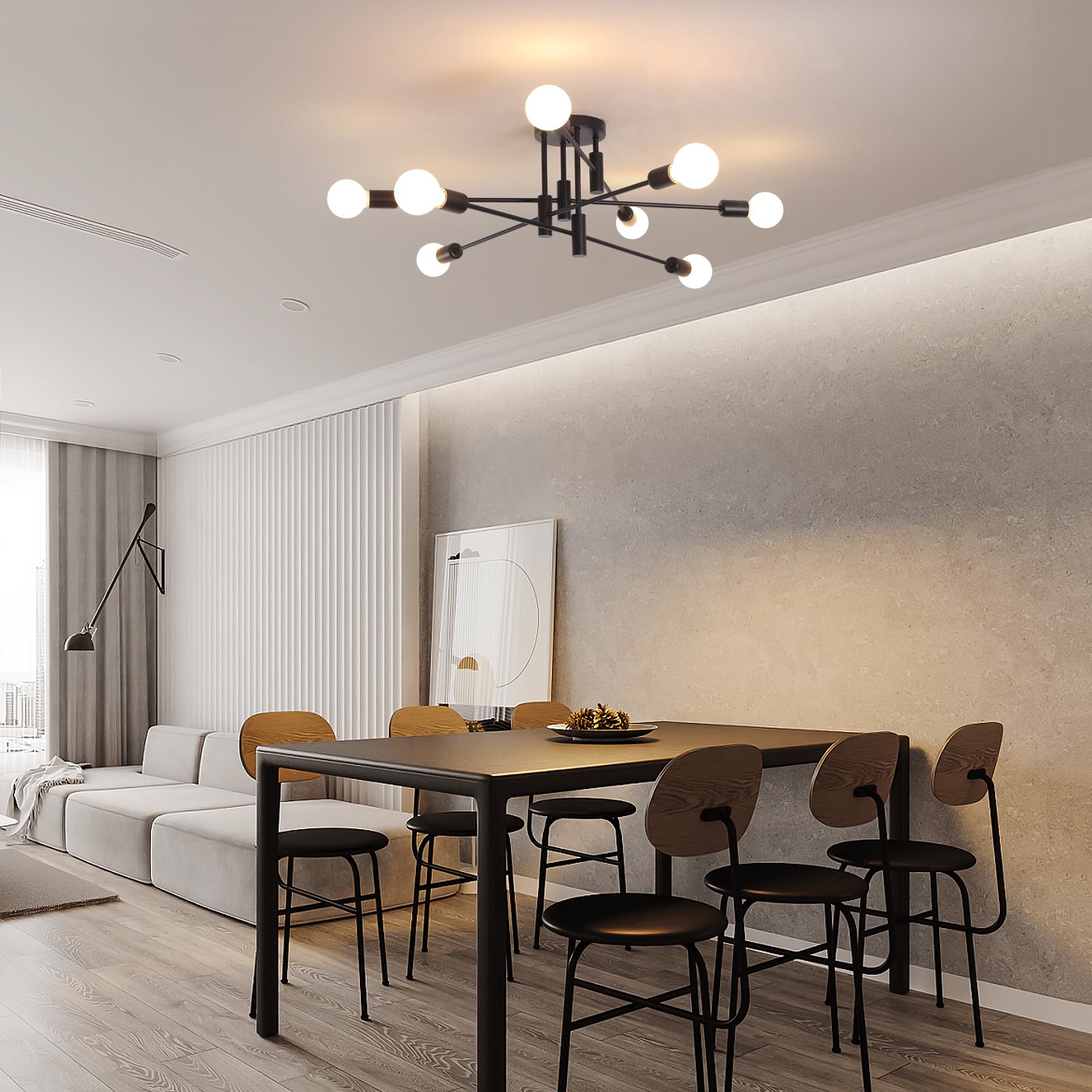 Garwarm Black Ceiling Light Fixture, 8-Lights Semi Flush Mount Ceiling Light, Sputnik Chandelier Industrial Ceiling Lamp For Kit