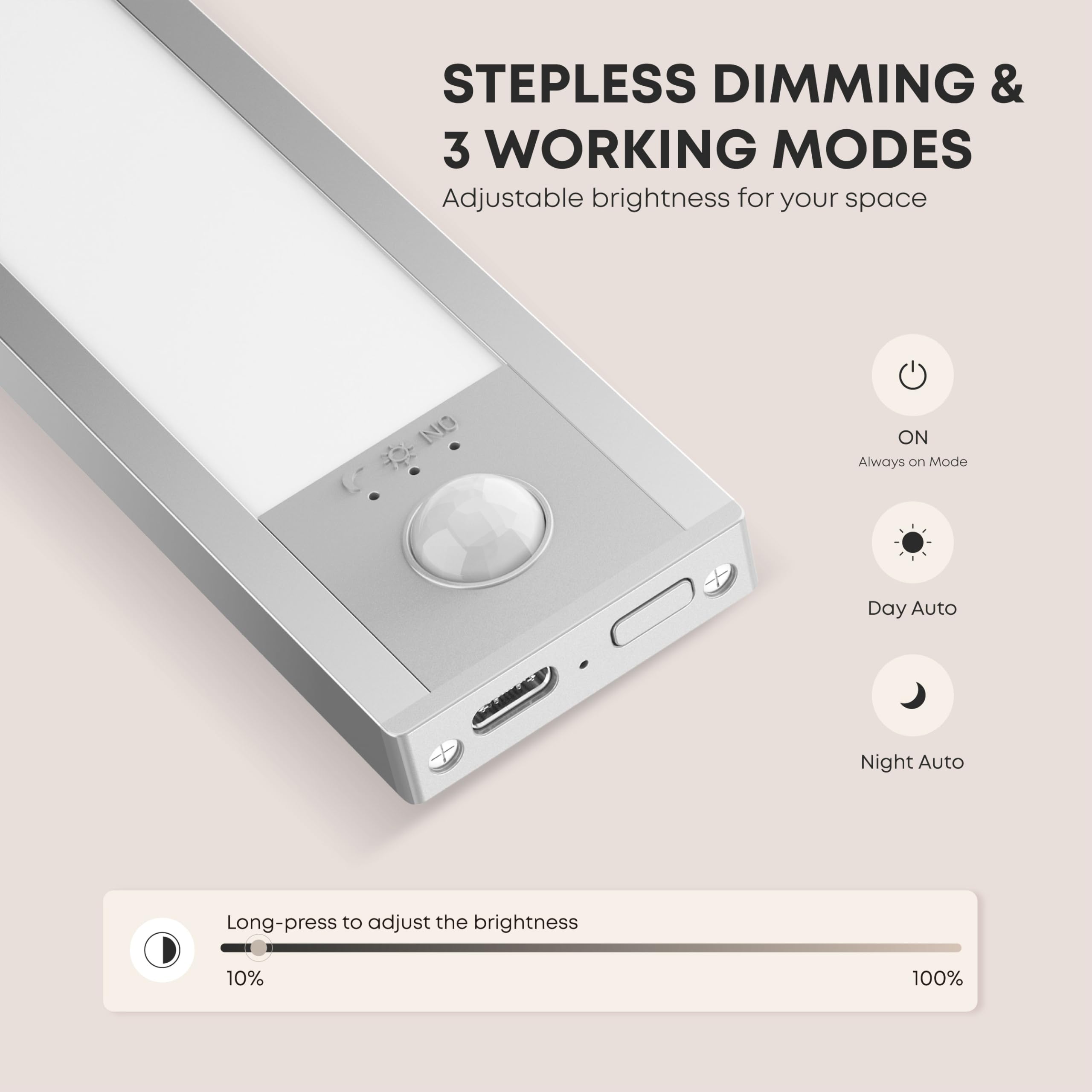 LROLTEF Under Cabinet Lights, 2 Pack Wireless Magnetic Dimmable 32 LED Motion Sensor, USB Rechargeable, Silver, 8.3 Inch for Kitchen & Stairs