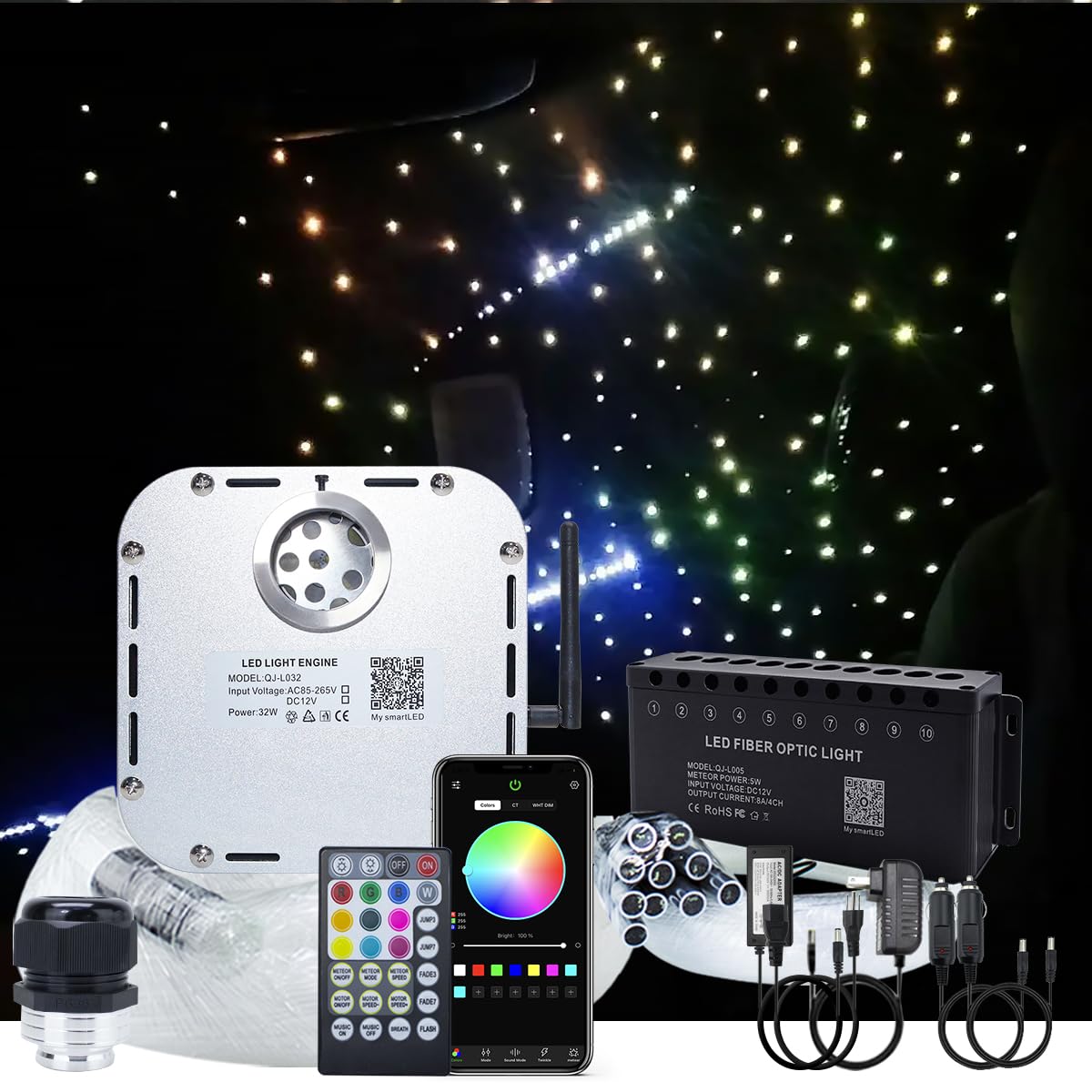 AKEPO 32W RGBW Bluetooth App Control+Twinkle+Music Mode+Shooting Star Effect Fiber Optic Lights Kit, Star Ceiling Sky Light 800p