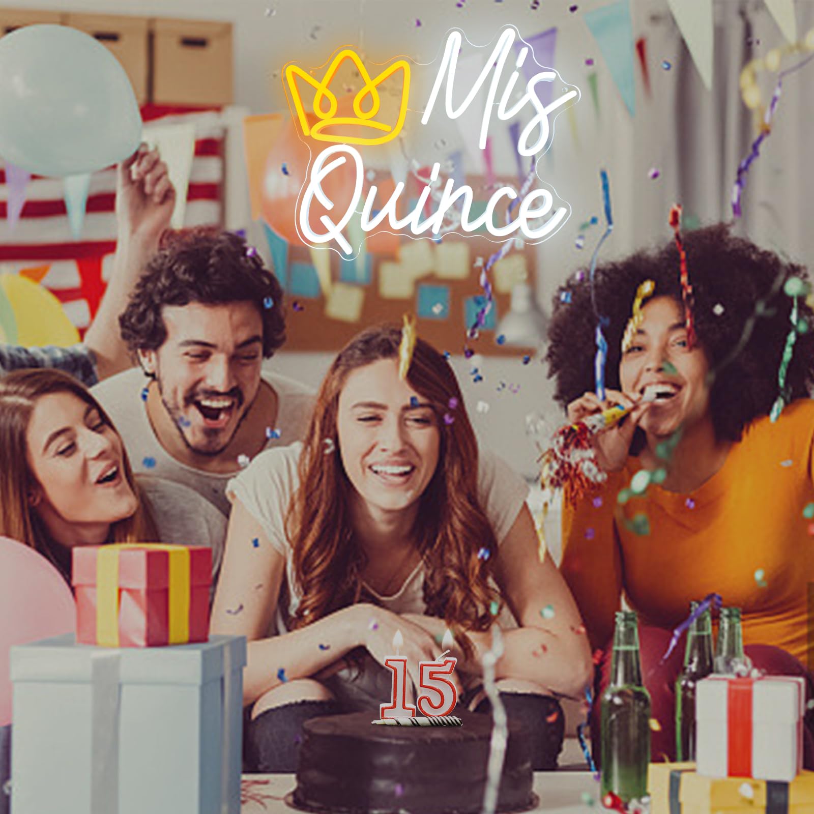 Nen Sign Mis Quince Neon Sign, LED Light with Crown, Dimmable, Plastic, Model NHD2023080701, Ideal for 15th Birthday Party Decor