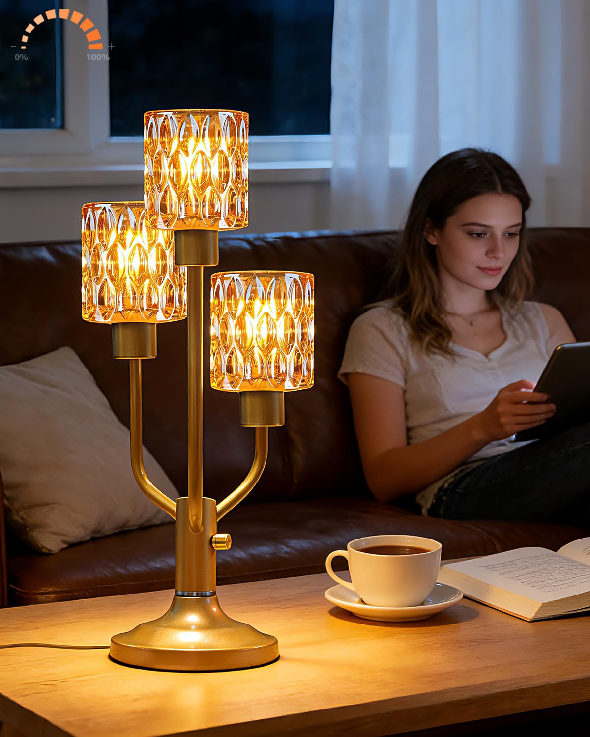 Lightdot Mid Century Modern Glass Table Lamp Dimmable 3-Light Gold Desk Lamp with Brown Glass Shade& Bulb Included 3000K Warmwhite Nightstand Lamp for Living Room Bedroom Bedside