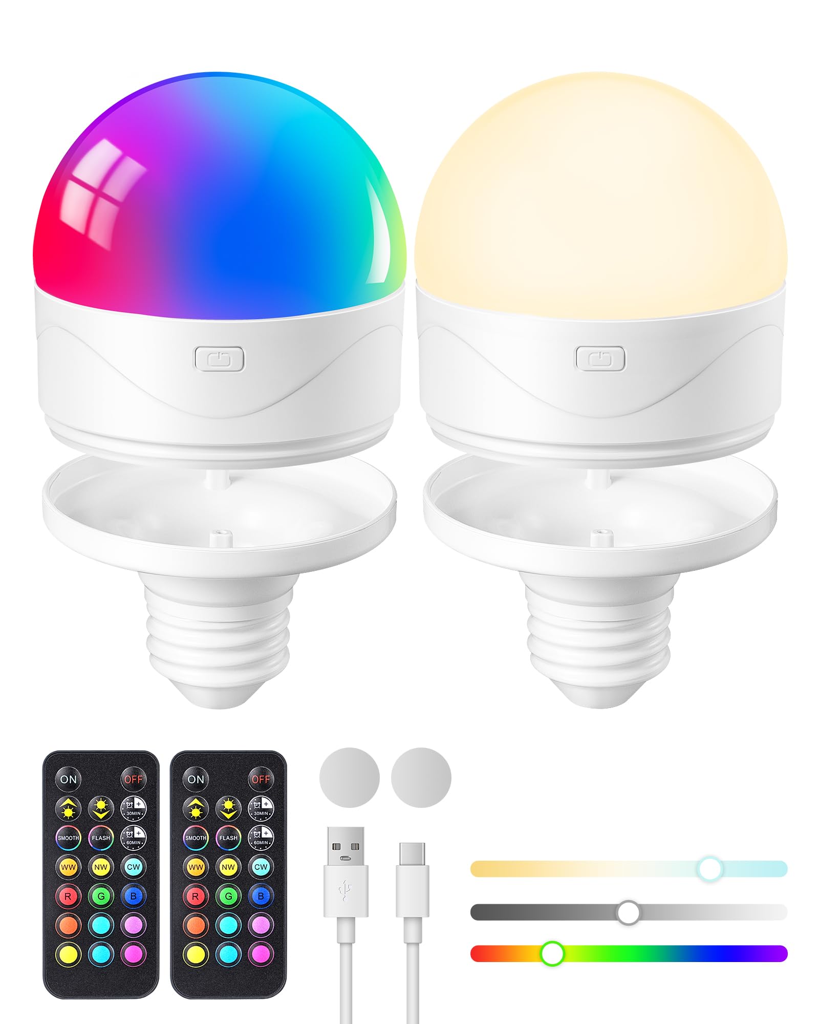 EDISHINE Rechargeable Light Bulbs, Dimmable 350LM, 3000mAh Battery, Remote Control, 12 Colors, 2 Pack, White, Model TSZ3T