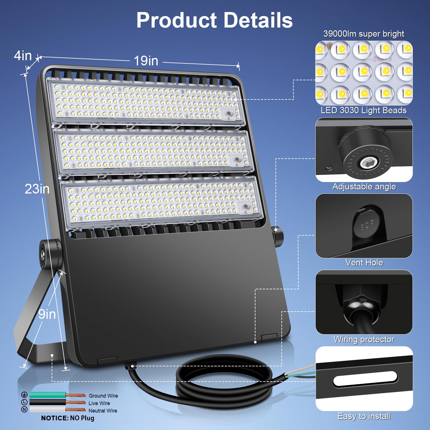 BIRITALO 360W Outdoor LED Flood Lights - 52200LM, Waterproof, 5500K, Wall Mount for Stadium, Arena, Basketball Court