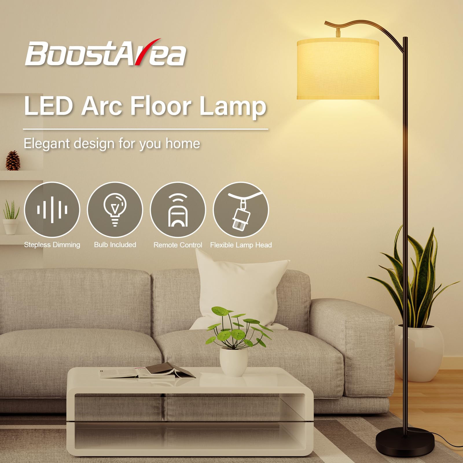 BoostArea Arc Floor Lamp with Remote Control, Stepless Dimmable 2700k-6500k, Modern Metal Standing Lamp, White, Model B1367