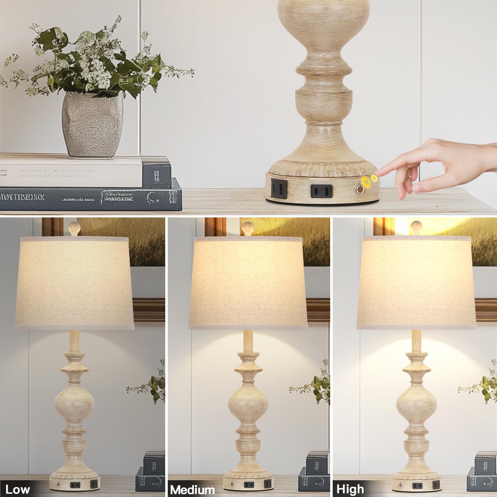 28'' Farmhouse Table Lamps Set Of 2, Rustic Lamp For Living Room With Usb C+A Ports & Ac Outlet, 3 Way Touch Control Resin Bedsi