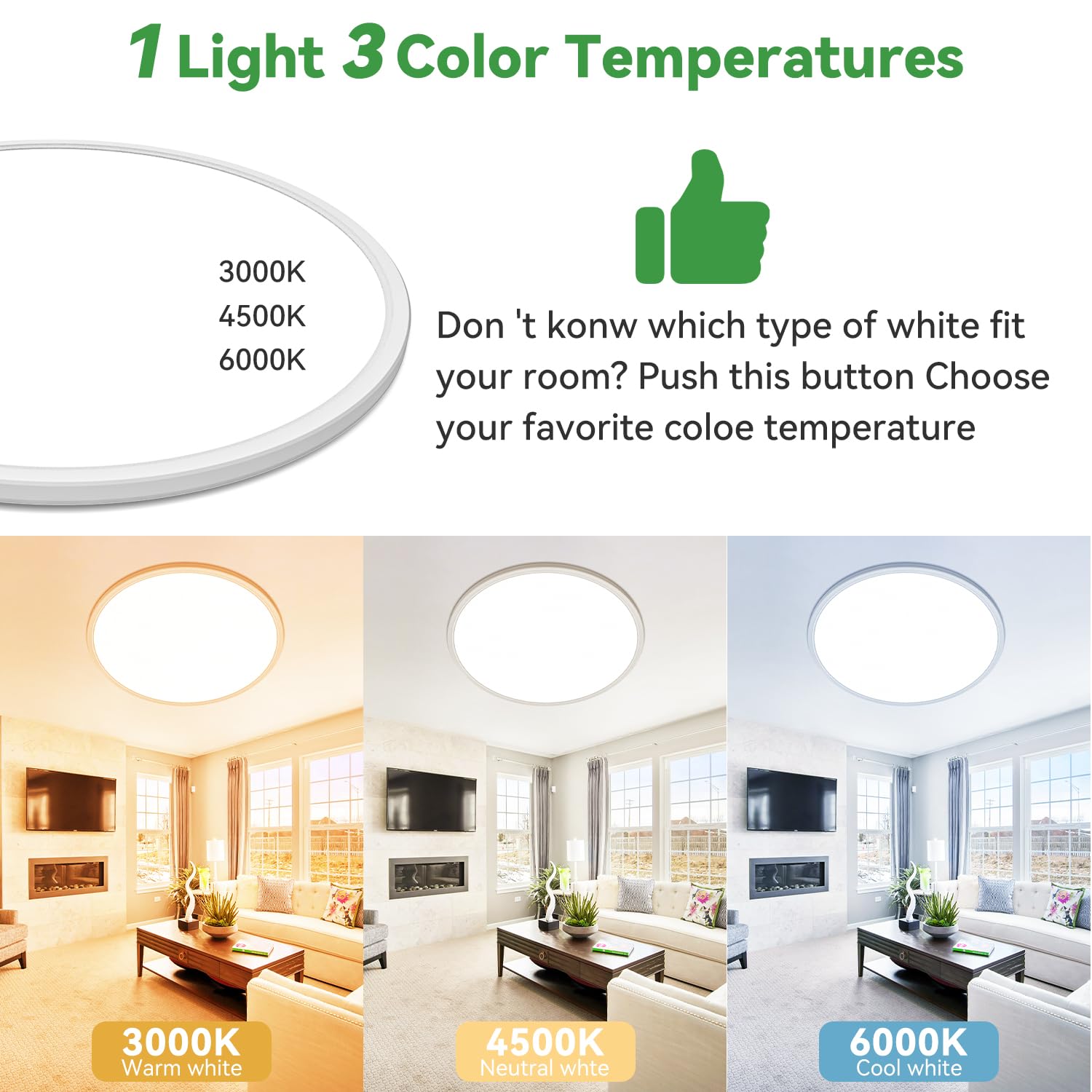 hepside Flush Mount Ceiling Light Fixture, 15.8 Inch, 3CCT 3000/4500/6000K, 36W, White, 2 Pack, Model